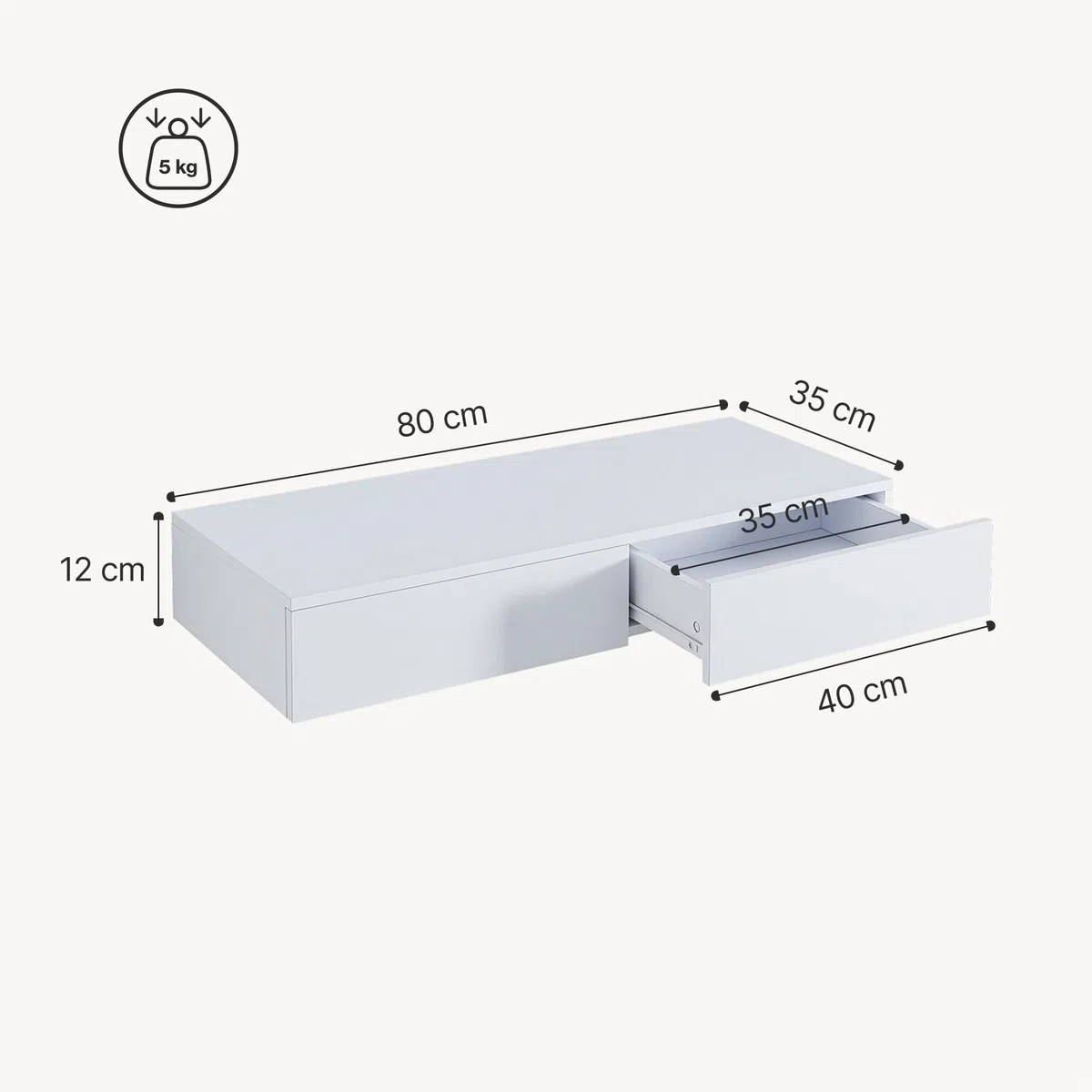 [en.casa] Estanteria Pared Karstula con 2 Cajones hasta 5 kg Mesilla de Noche Mural Estante con Dos Cajones Recubierto de PVC 80 x 35 x 12 cm - Blanco