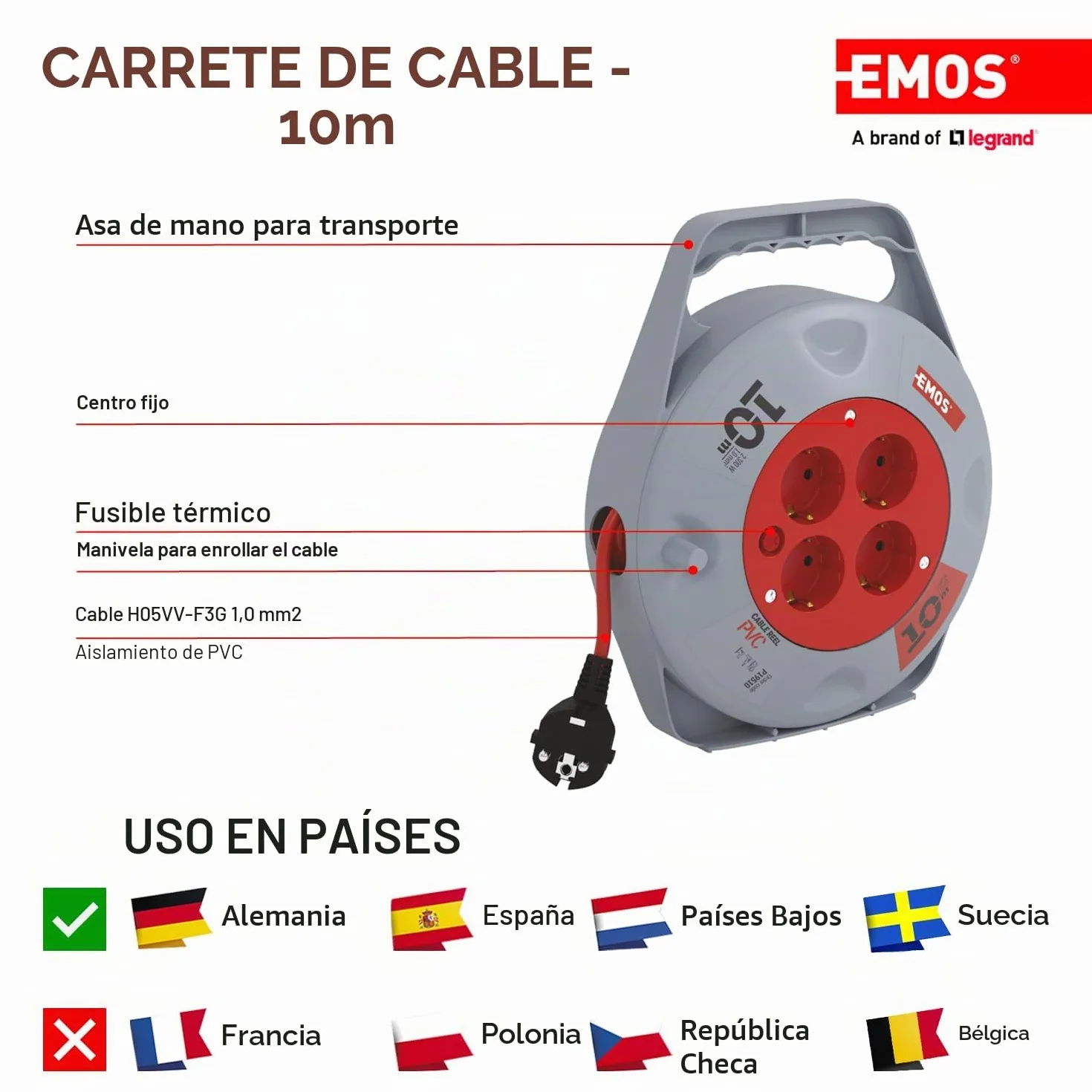 EMOS Mini enrollador de Cable 10 m 4 enchufes Schuko 230 V 10 A 2300 W H05VV-F3G 1,0 mm2 IP20