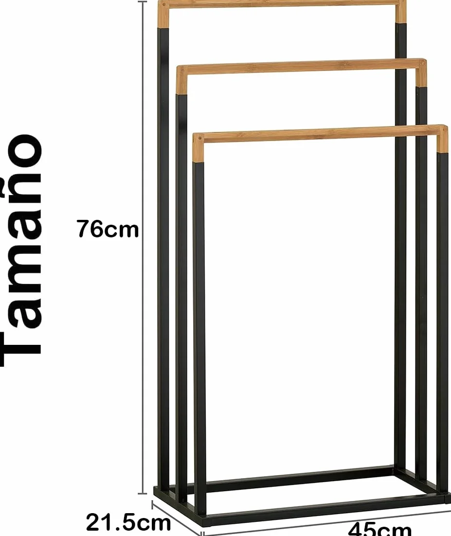 Toallero de Pie de Bambú y Metal Triple, Soporte para Baño, 45x21.5x76cm