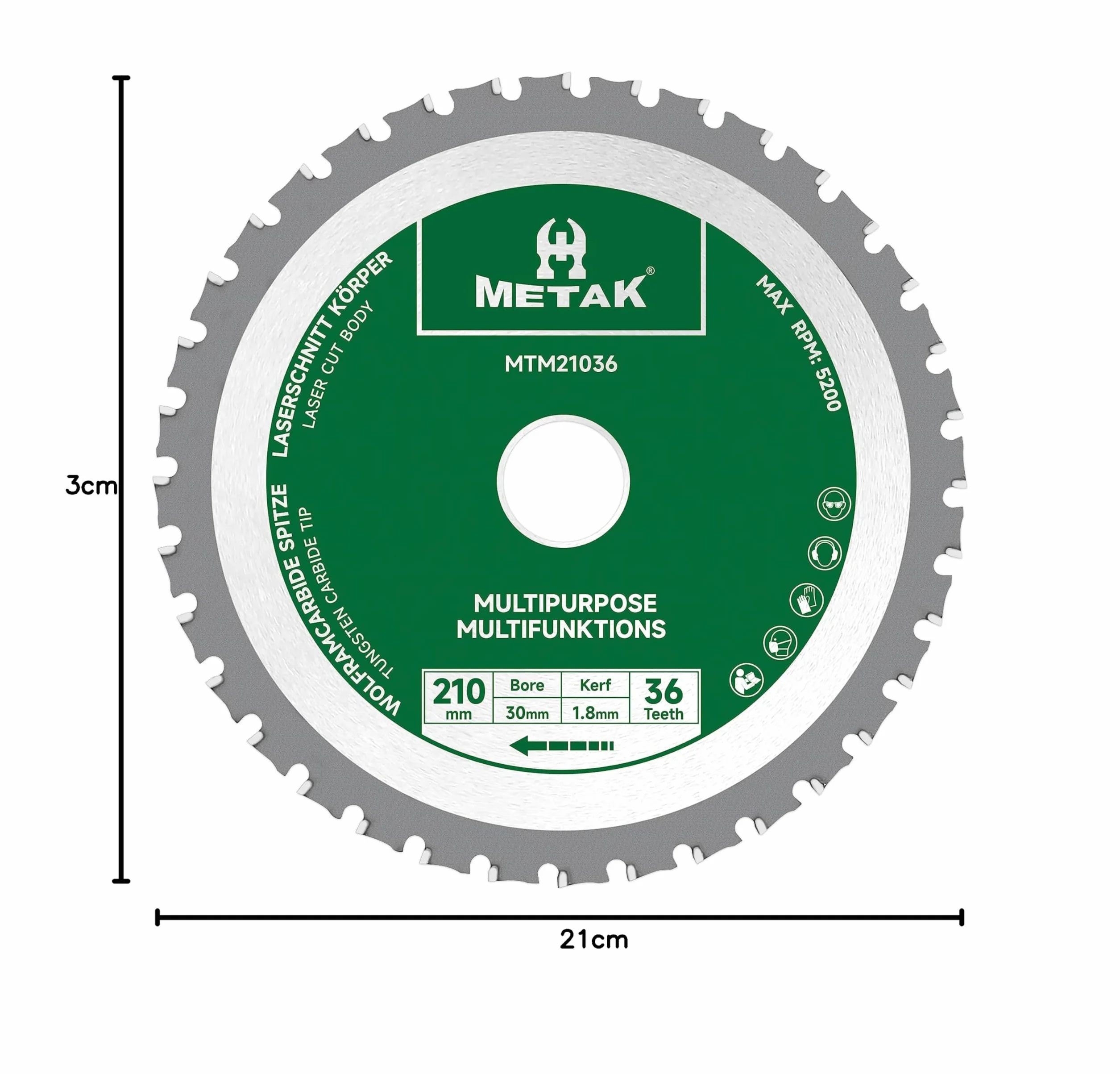 METAK - Hoja de sierra circular multifunción 210 x 30 mm, metal duro, para madera, metal, aluminio, acero, hoja multimaterial, 210 mm, 36 dientes, anillo de reducción de 30 mm incluido