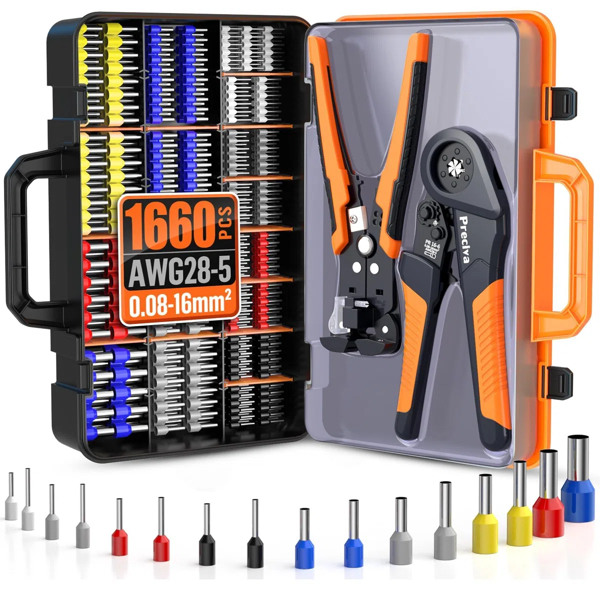 Preciva Kit de Alicates Electricista 3 en 1, Crimpadora Profesional + Pelacables Automático + 1660 Piezas Punteras Electricas, Crimpadora Terminales Electricos 0,08-16 mm²
