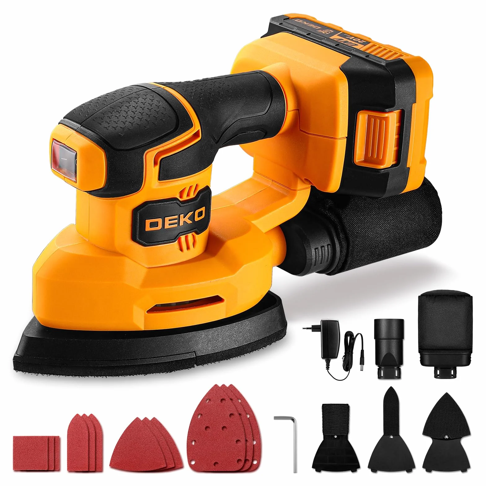 DEKOPRO 20V Lijadora Madera, Alimentada por Batería, 13000 RPM, Incluye 3 Accesorios Adicionales y 12 Hojas de Lija, Lijadora Madera Incluye Batería de 2,0 Ah y Cargador, Amarillo y Negro