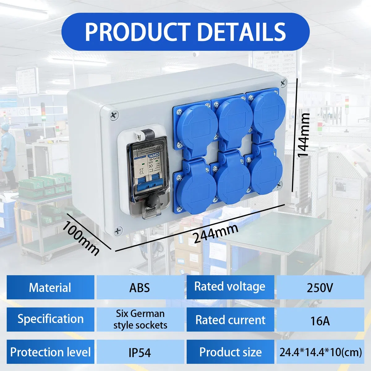Distribuidor de Corriente para Construcción 250V, Distribuidor de Corriente de Pared 16A con Disyuntor, 6 Tomas, IP54 Estanco, Distribuidor de Energía Consumida para Talleres y Fábricas