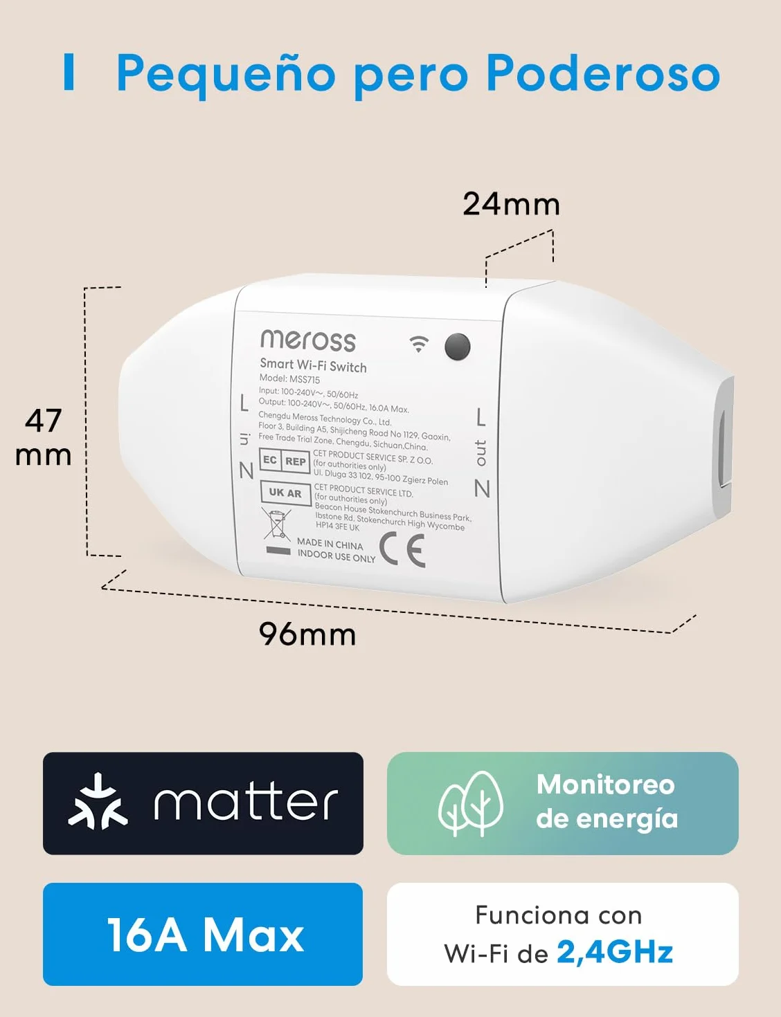 Meross Interruptor Inteligente Matter, 16A Interruptor WiFi con Matter Simple Setup (MSS) y Monitoreo de Energía, Universal DIY Compatible con Apple Home, Alexa y Google Home, 2PCS