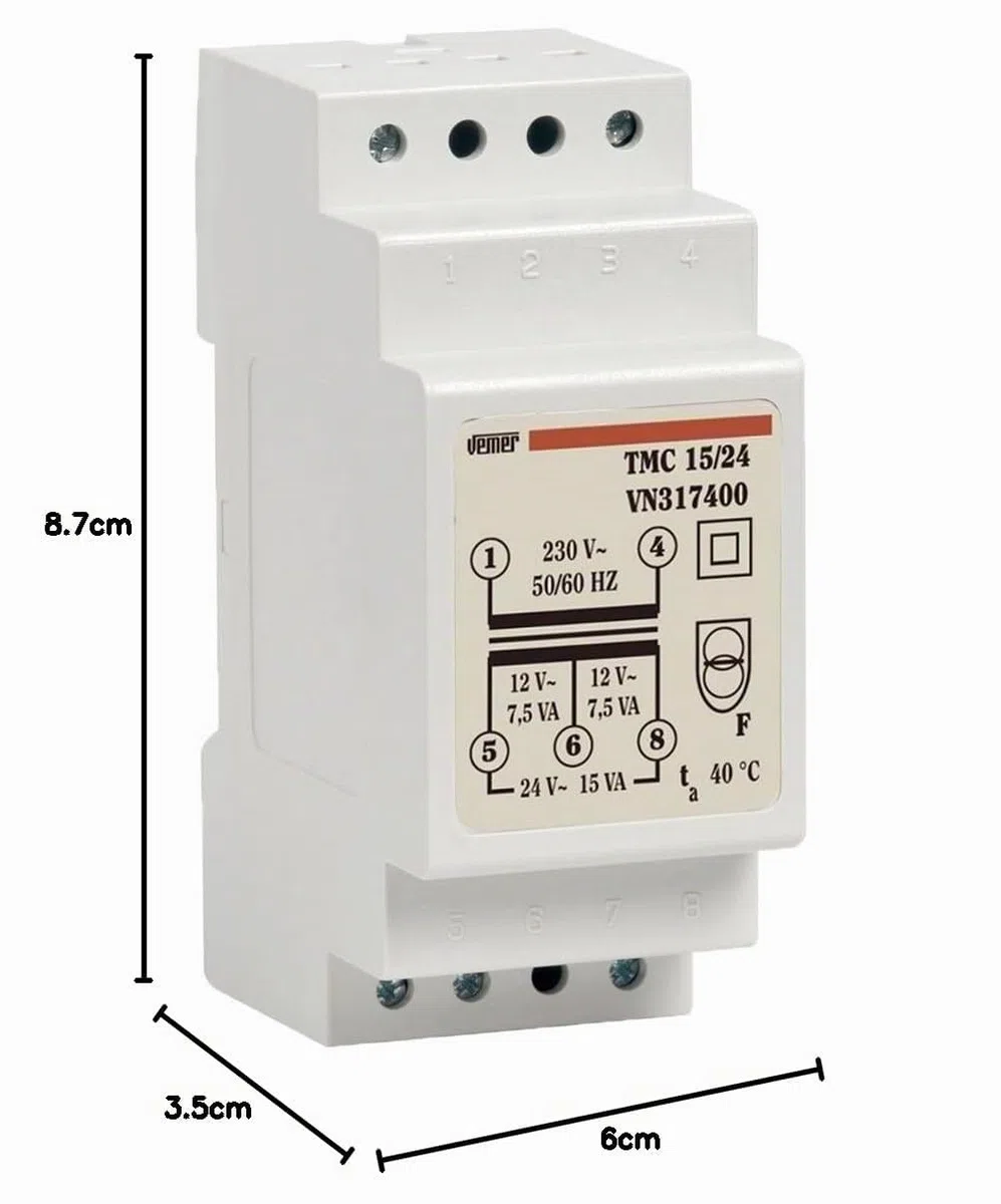 VEMER VN317400 TMC 15/24 - Transformador de Electricidad de Carril DIN Para Servicio Continuo, 230V/12-24V, Potencia 15VA, Blanco