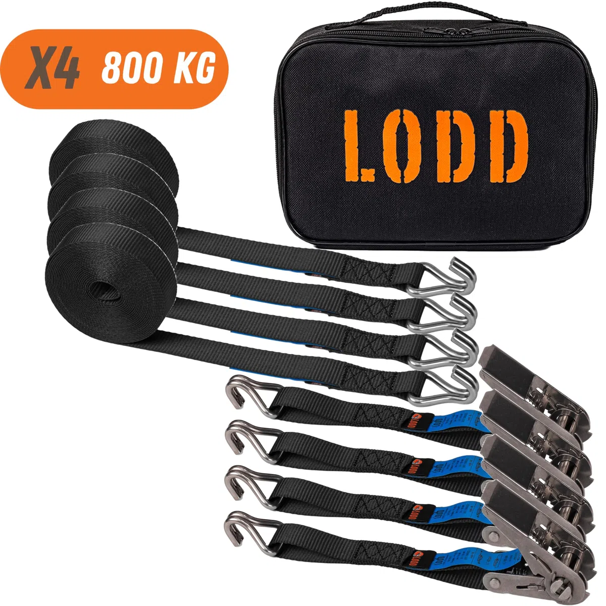 LODD - 4 Correas de Amarre de 6M en Acero Inoxidable, Ganchos Doble J de Acero Inoxidable, con Maleta de Transporte - Ideal para Lonas de Piscina