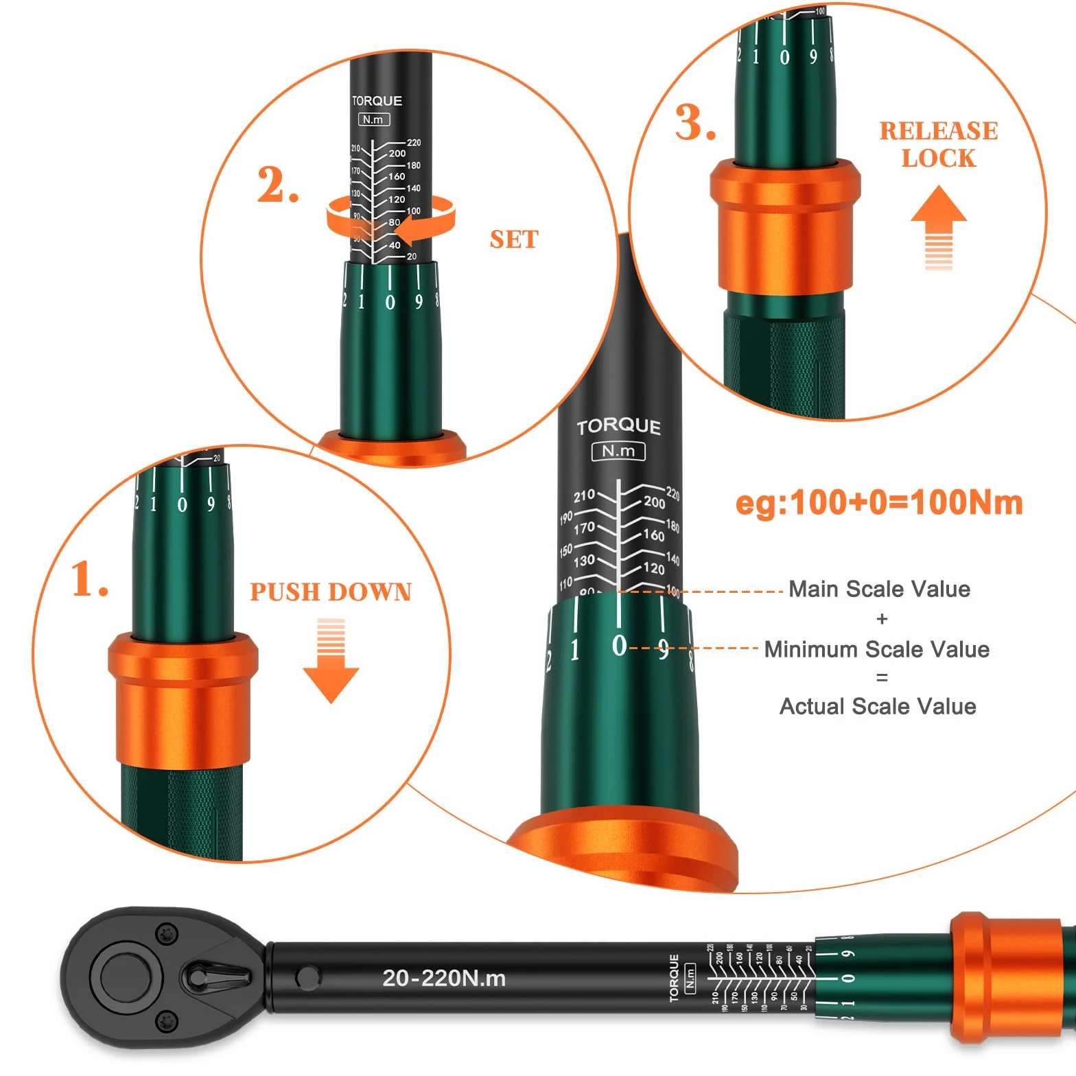 Llave Dinamometrica 1/2" 20-220Nm 72 Dientes Cabezal Reversible ±3% Precisión