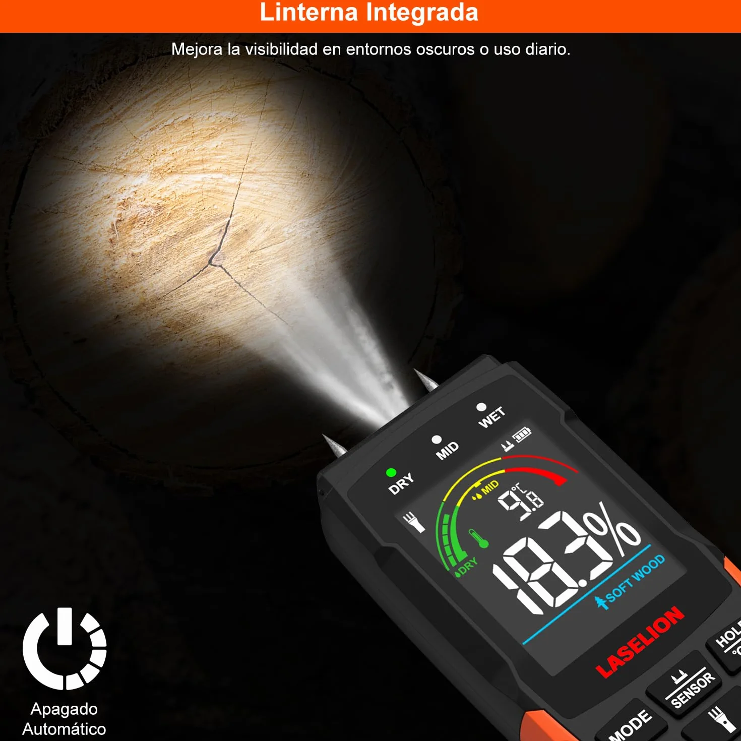 LASELION Medidor de Humedad 2 en 1 - Detección 0-40mm, Con y Sin Agujas, Higrómetro Humedad con Preciso para Madera, Hormigón y Construcción - Pantalla LCD, Linterna - MS03