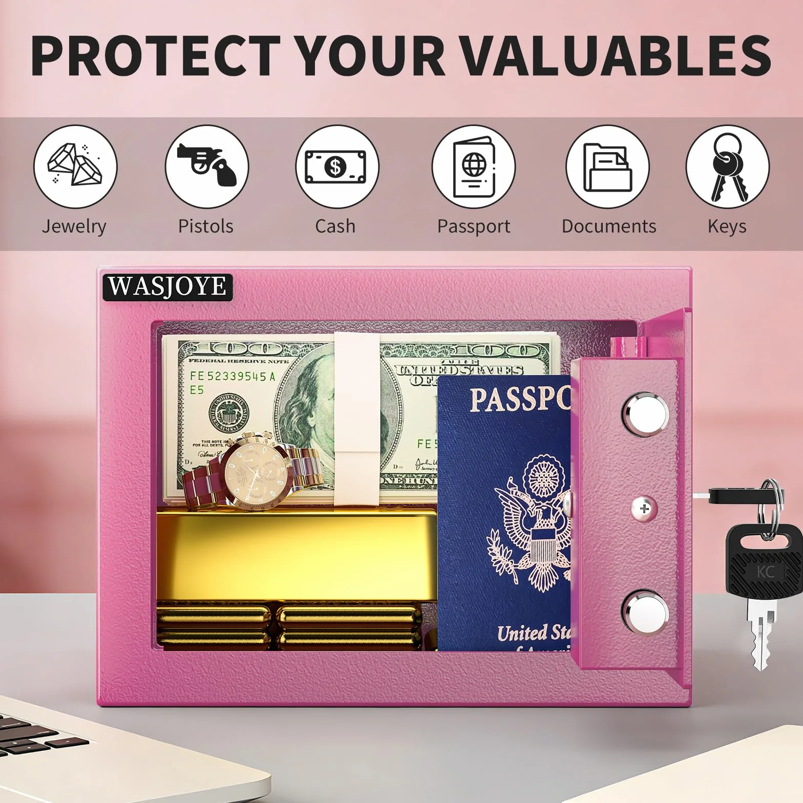 WASJOYE Caja Fuerte Pequeña -23 * 17 * 17cm Caja Fuerte Niños Caja Fuerte con llave - Rosa Pequeña Caja Fuerte para el Hogar, Negocios, Oficinas, Dinero, Joyas, Pasaportes, 6.5L