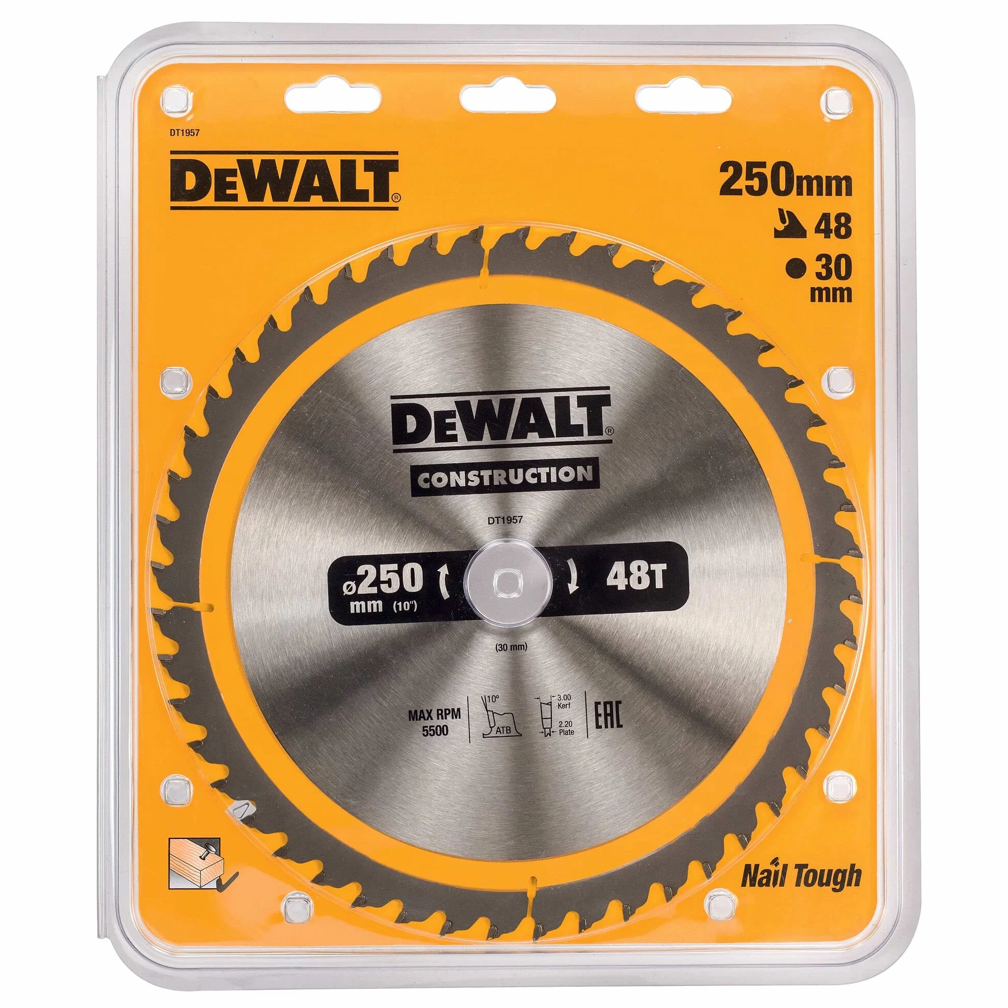 DEWALT - DT1957-QZ -Hoja de sierra circular estacionaria, Disco de corte 40 dientes 250x30mm Resistente a clavos y duradero Construcción especial y uso profesional, talla única