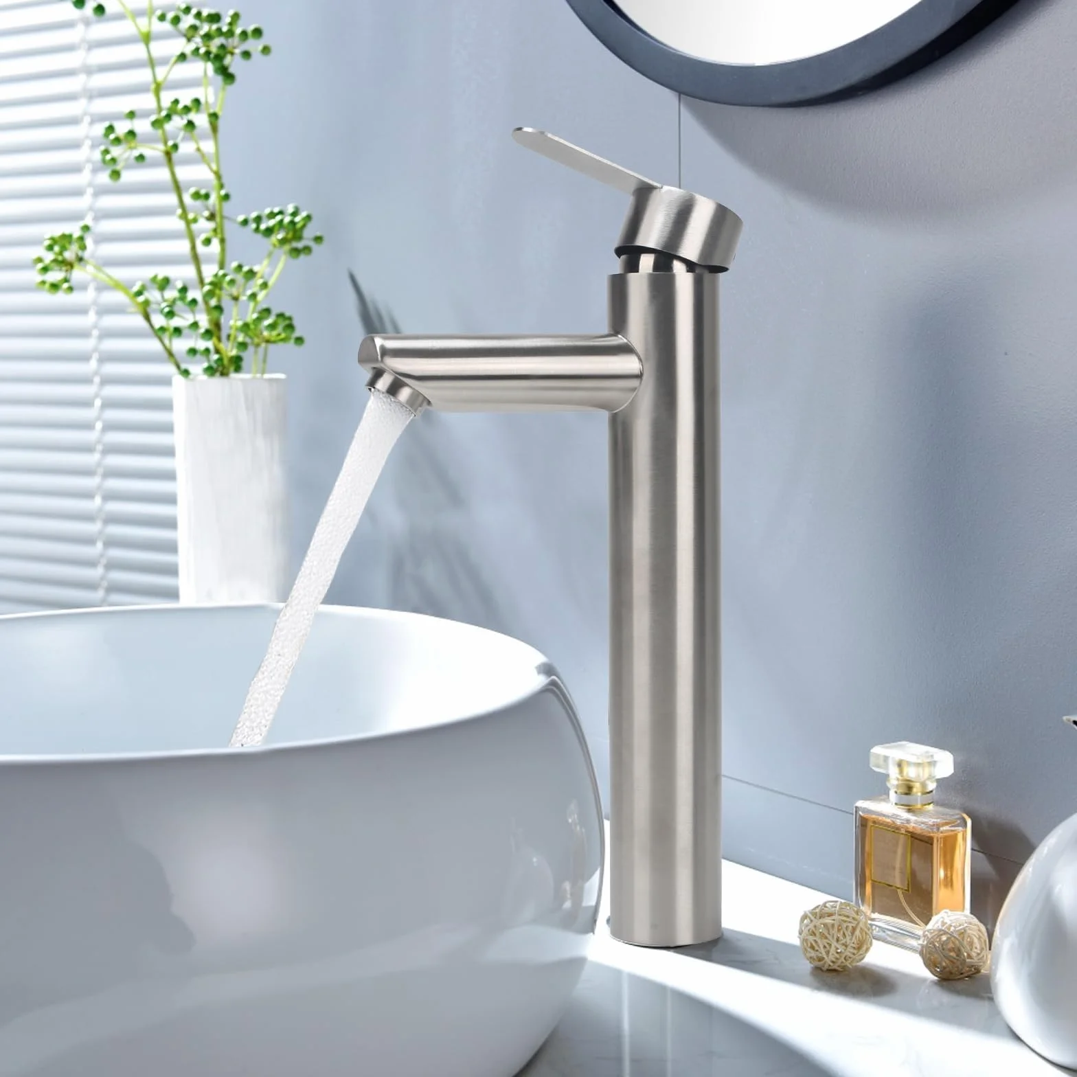 Grifo Alto de Lavabo Monomando para Baño - Mezclador de Acero Inoxidable con Control de Agua Fría y Caliente (Caño 200 mm)