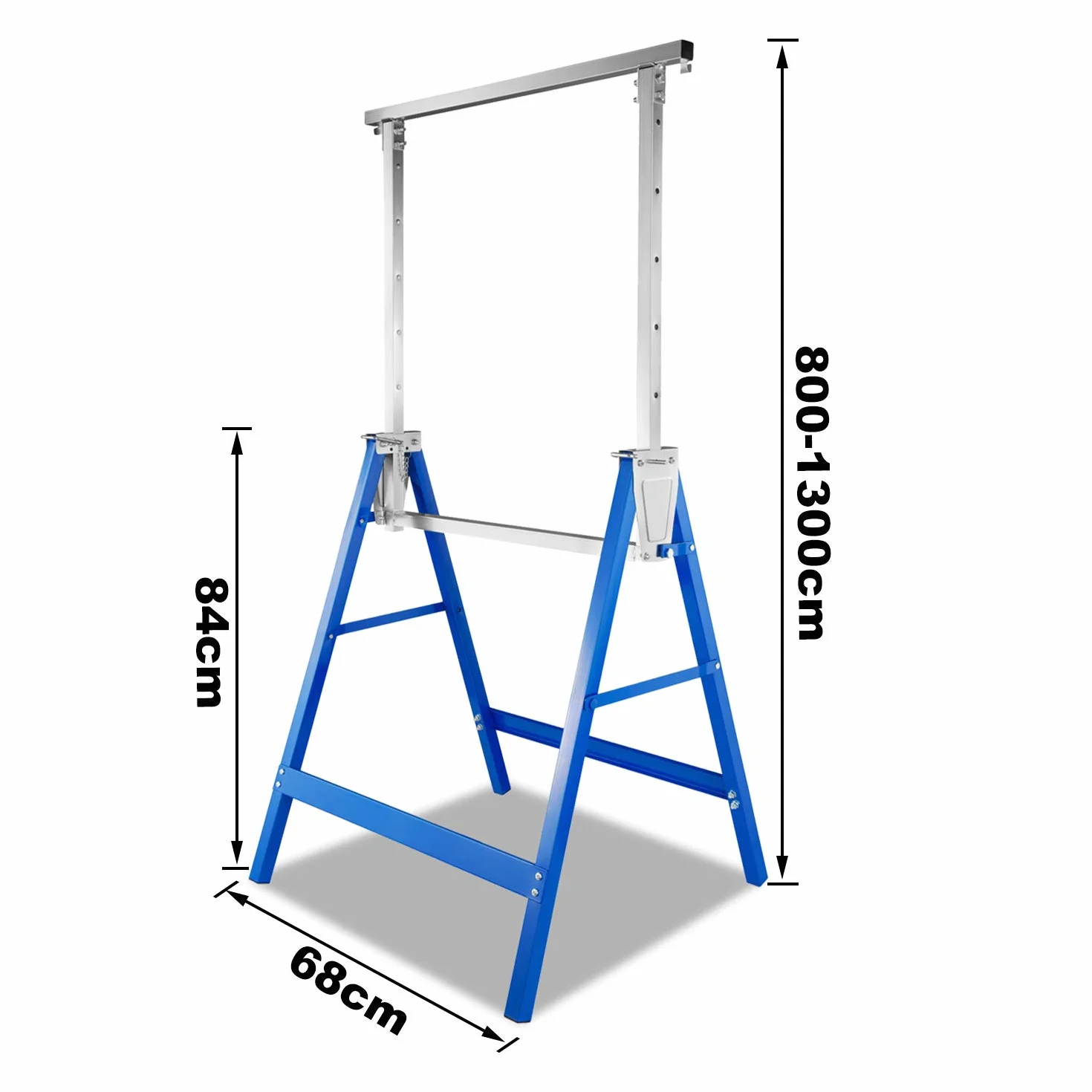 Juego de 2 caballetes telescópicos, altura de trabajo variable 80-130 cm, altura regulable en 7 posiciones, soporte de metal, carga máxima de 200 kg, color azul