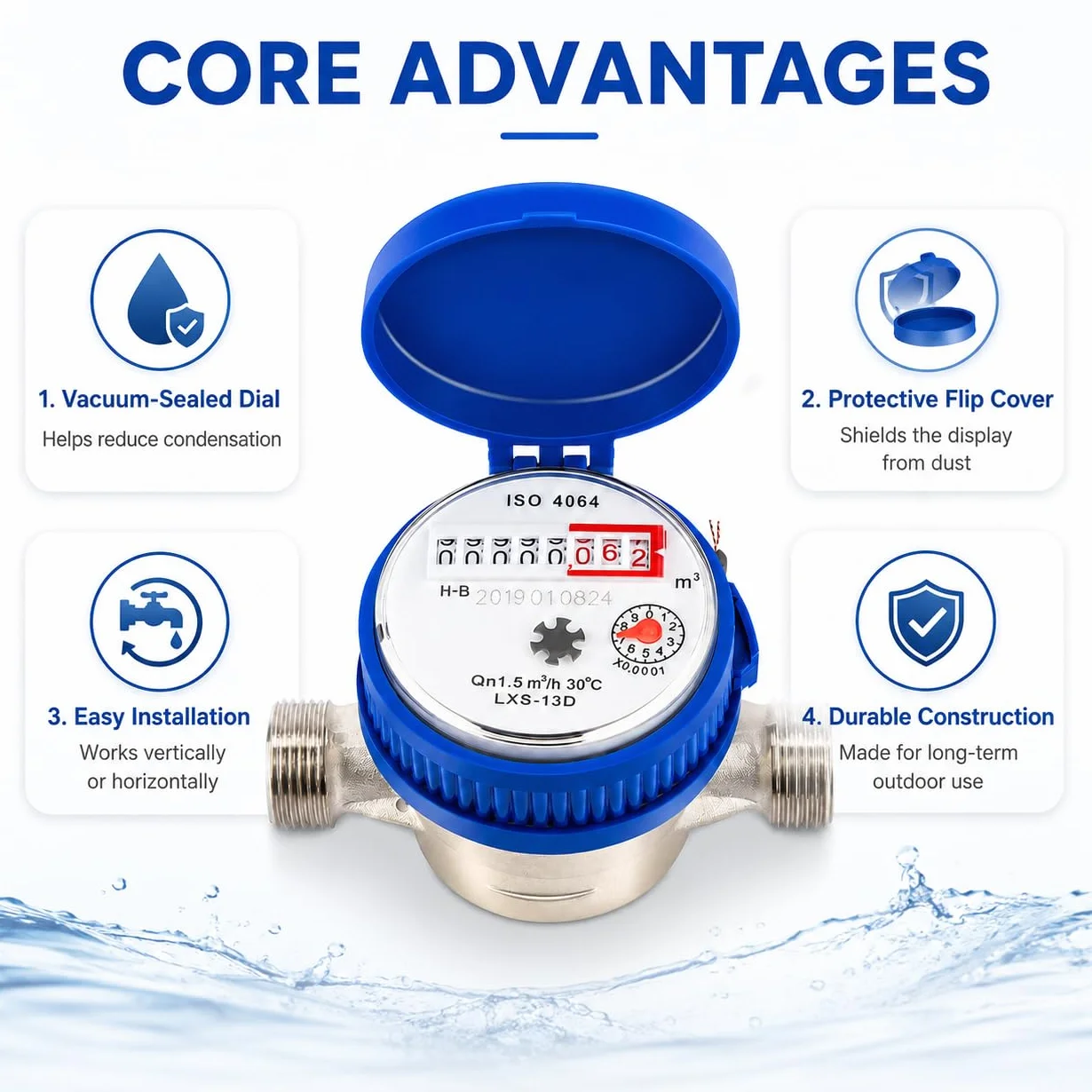 1/2" Contador De Agua Fría, Medidor De Agua Mecánico para Casa Y Jardín, Medidor De Flujo De Agua Mecánico Doméstico Medidor De Consumo De Agua Caudalimetro Agua con Accesorios De Montaje
