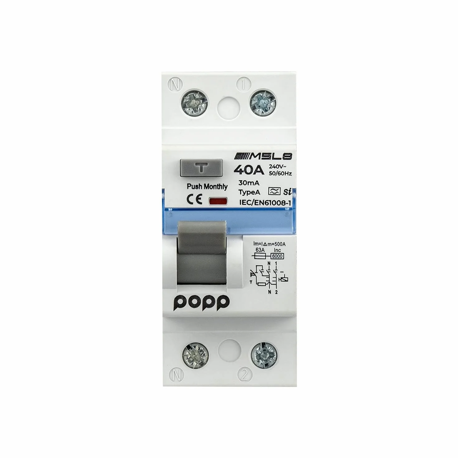 POPP Electric Interruptor Diferencial RCCB Superinmunizado Clase A SI industrial 2P 40A 30mA 300mA 6KA 1P+N MSL8A