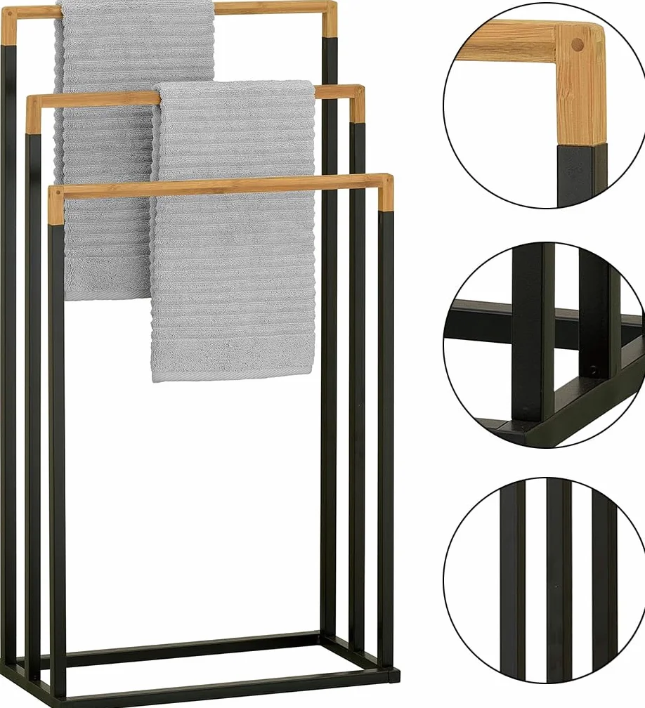 Toallero de Pie de Bambú y Metal Triple, Soporte para Baño, 45x21.5x76cm