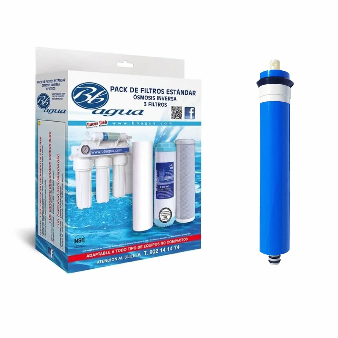 Membrana 50 75 100 GPD + Pack 3 Filtros para Osmosis Inversa Estandar Bbagua