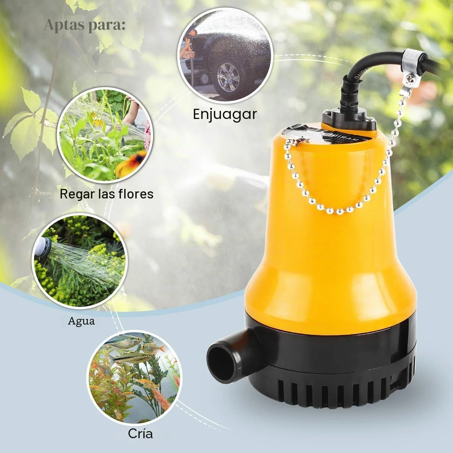 Bomba sumergible DC 12V 60W 3600L/h para estanque con cable 1,3 m