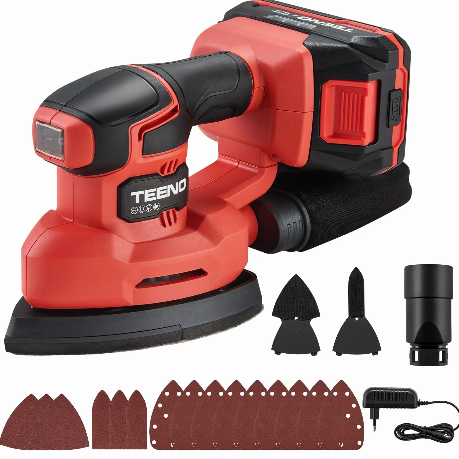 TEENO Lijadora inalámbrica con batería 3 en 1, lijadora Delta de 20 V con batería de 2 A, lijadora de detalles de 13000 rpm con bolsa de recogida de polvo, 15 hojas de papel abrasivo, 140 x 96,6 mm