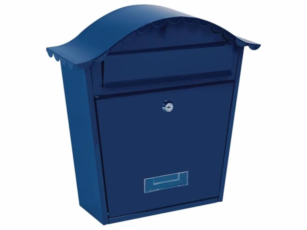 Perel buzón Exterior Paris Azul de Pared con Placa de Nombre y Cerradura, buzón de Acero galvanizado con 2 Llaves y Accesorios de Montaje, Techo Redondeado, Resistente a la Intemperie