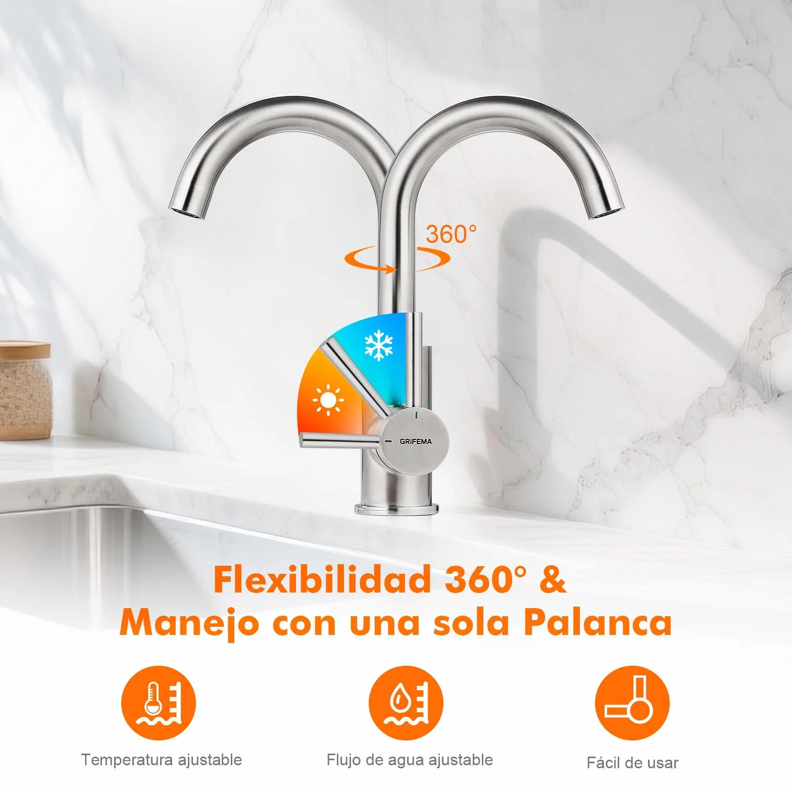 GRIFEMA Grifo Lavabo Alto 180 mm, Caño Giratorio 360° - Acero Inoxidable Cepillado, Cartucho Cerámico, Monomando con Mangueras G3/8″, G1002A