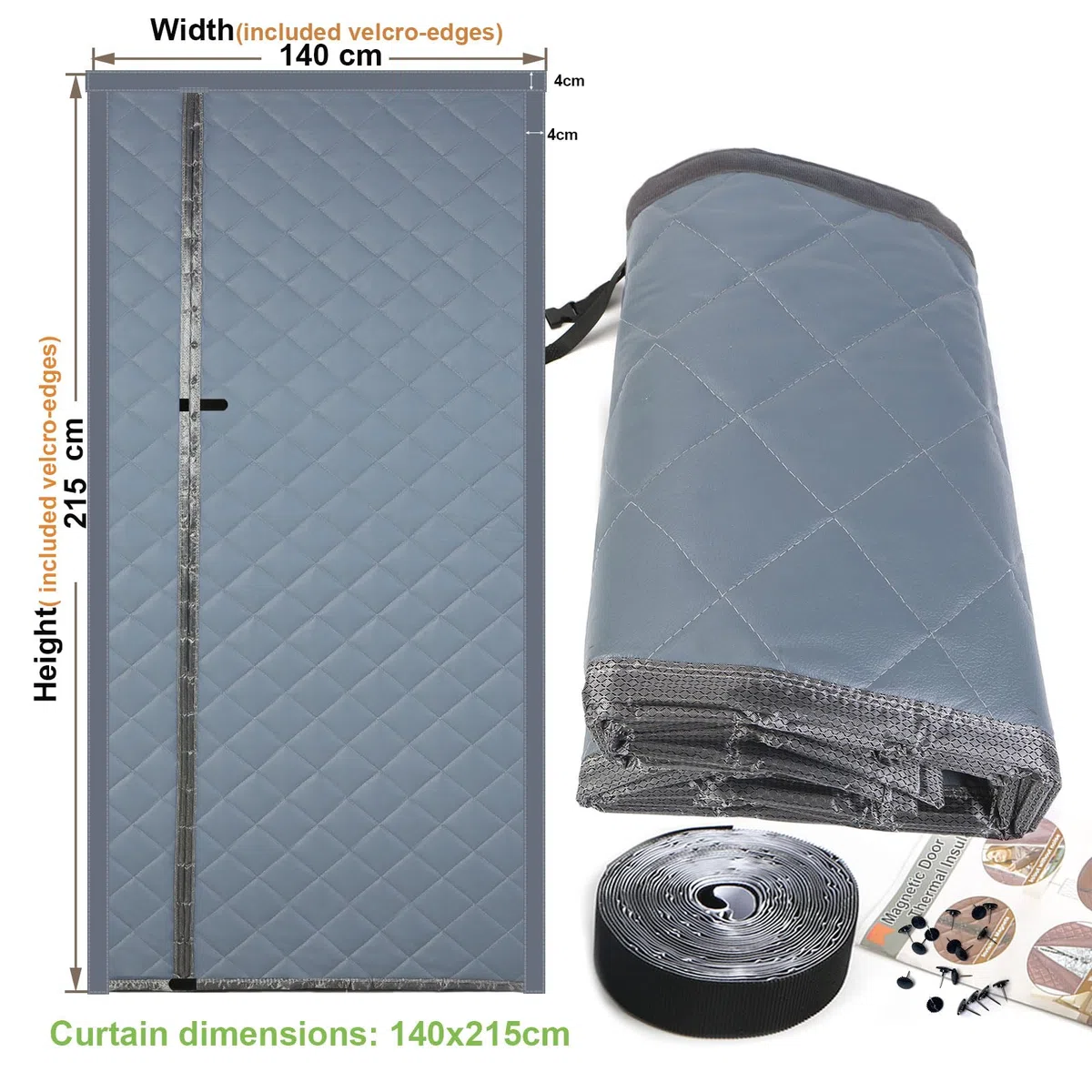 Risareyi Cortina de Puerta Aislante Termica Frio y Calor 140x215cm, Gris Aislamiento Cortinas Térmica Magnética para Puerta Exterior Salón Balcón, Impermeable, Cierre Automático