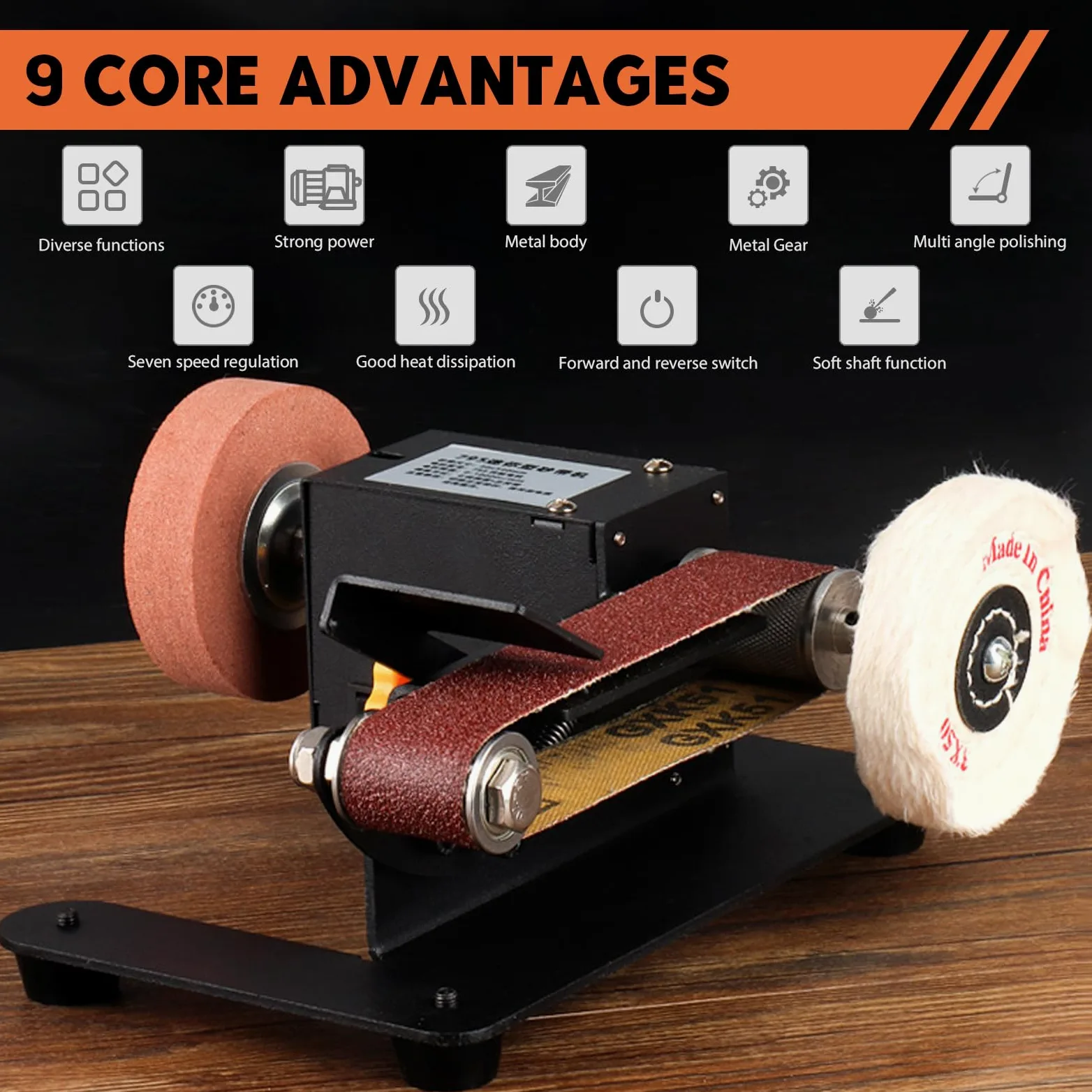 Mini lijadora de banda eléctrica, lijadora estacionaria de 350 W, pulidora ajustable de 7 niveles con accesorios completos, multiusos, pulidora de mesa DIY para trabajar madera y metal