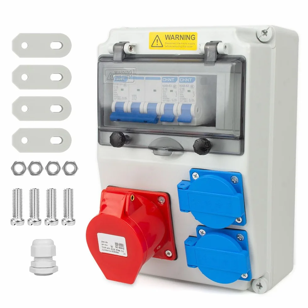 Distribuidor de Corriente 16A, Distribuidor de Corriente para Obras con Interruptor Ls, Tomas 2x230V y 1xCEE 16A con Cable, Tablero Eléctrico para Exteriores, IP44