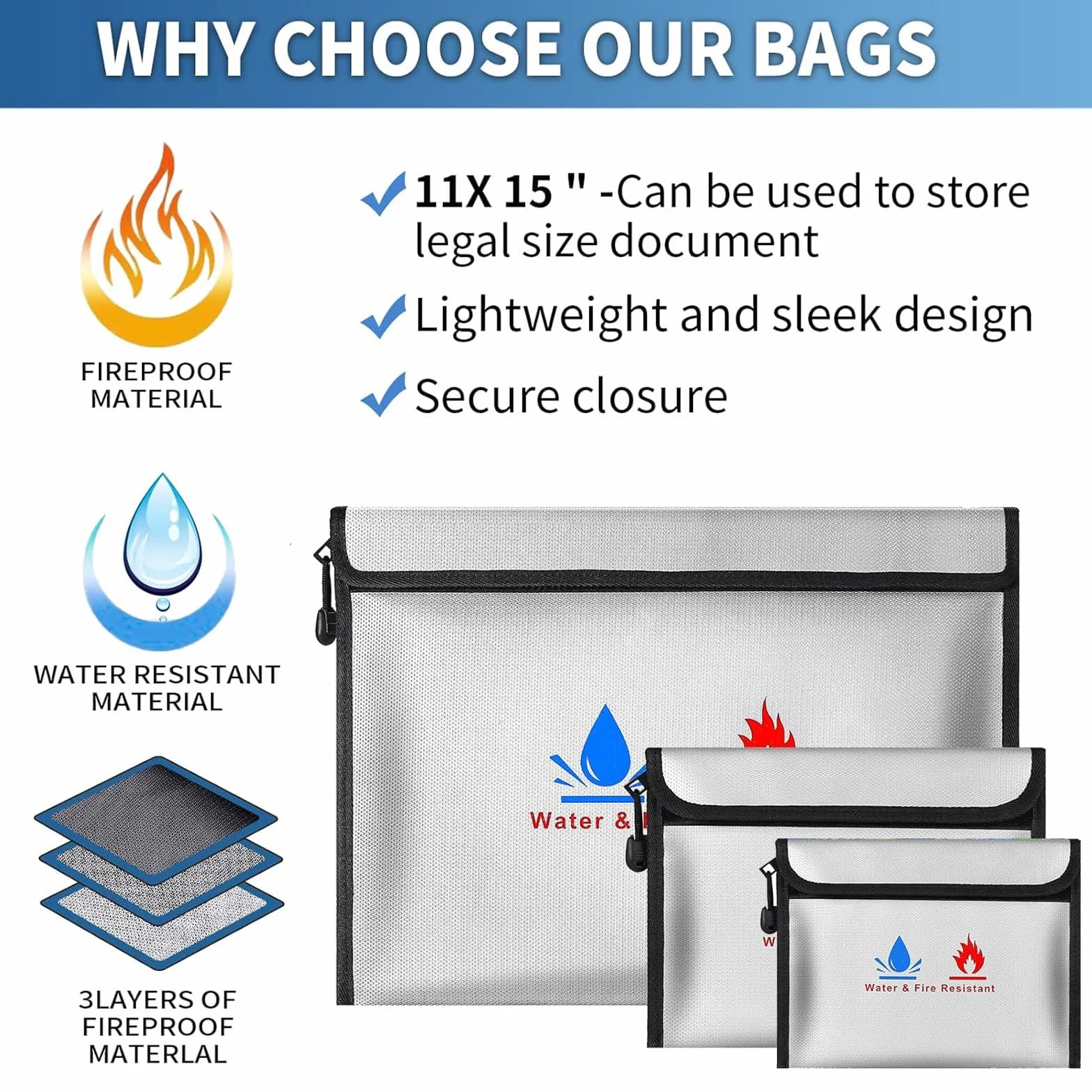 Bolsa de archivo ignífugo de 3 piezas,material de fibra de vidrio de doble capa - bolsa de almacenamiento de seguridad ignífuga e impermeable para proteger objetos de valor, pasaportes, documentos