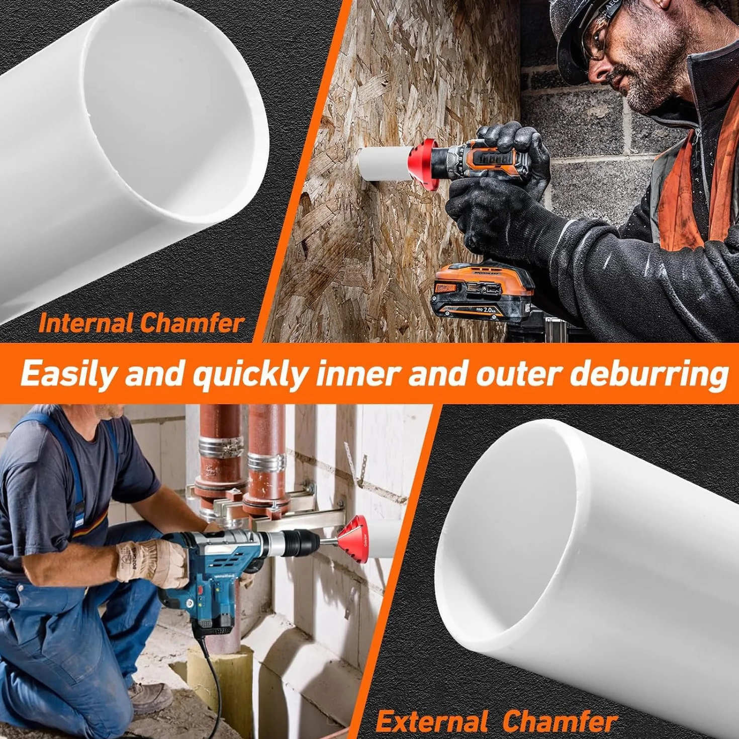 2 en 1 herramientas desbarbado, pvc escariador de chaflán de tubería herramientas interior/exterior, herramienta de biselado tuberías y mangueras para tubos de PVC, CPVC, ABS, PP, PE