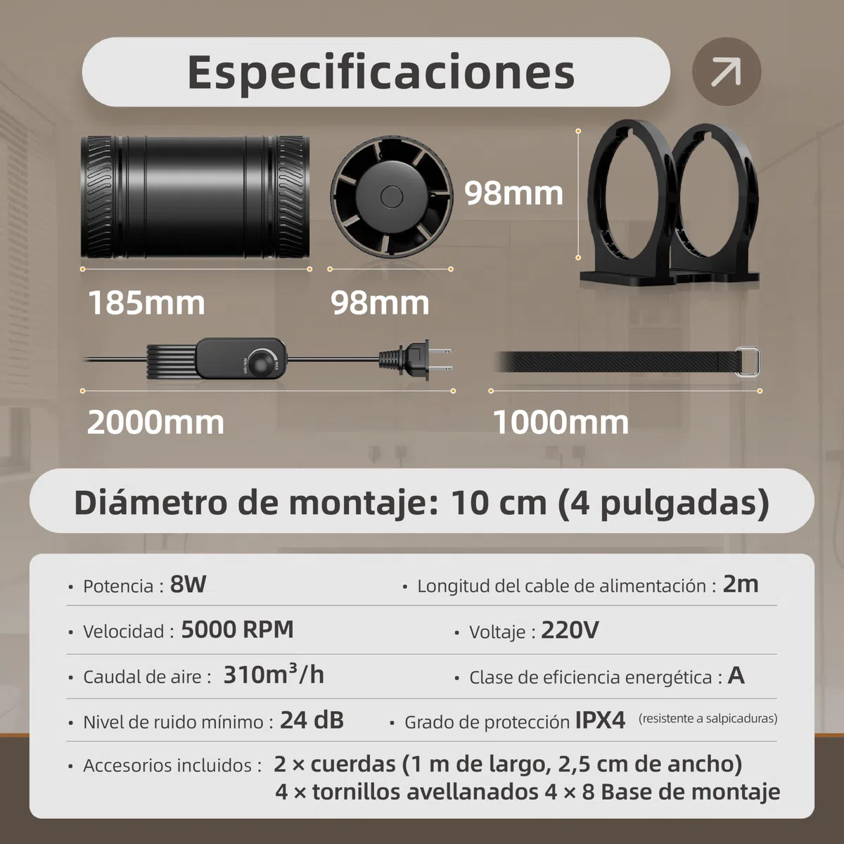 MOCINE Ventilador de conducto 100 mm regulable, 310 m³/h | Extractor en línea Con base de montaje y correa de fijación, ventilador silencioso para baño, sótano, ático, cultivo indoor
