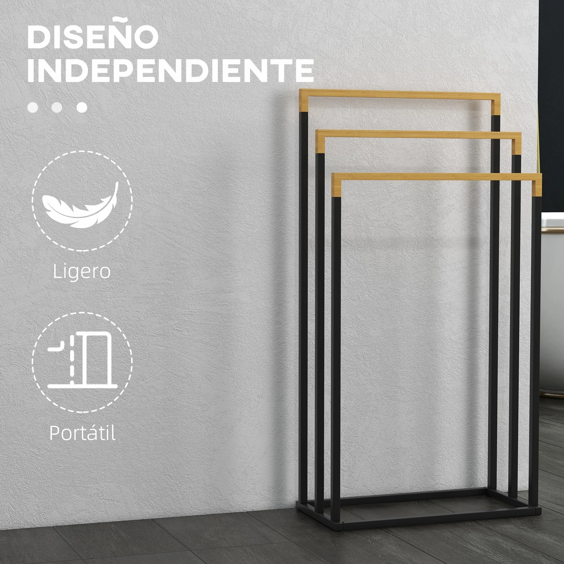 Kleankin Toallero Escalera 3 Niveles con 3 Barras de Bambú y Marco de Acero para Baño 45x22,5x86 cm Negro y Natural