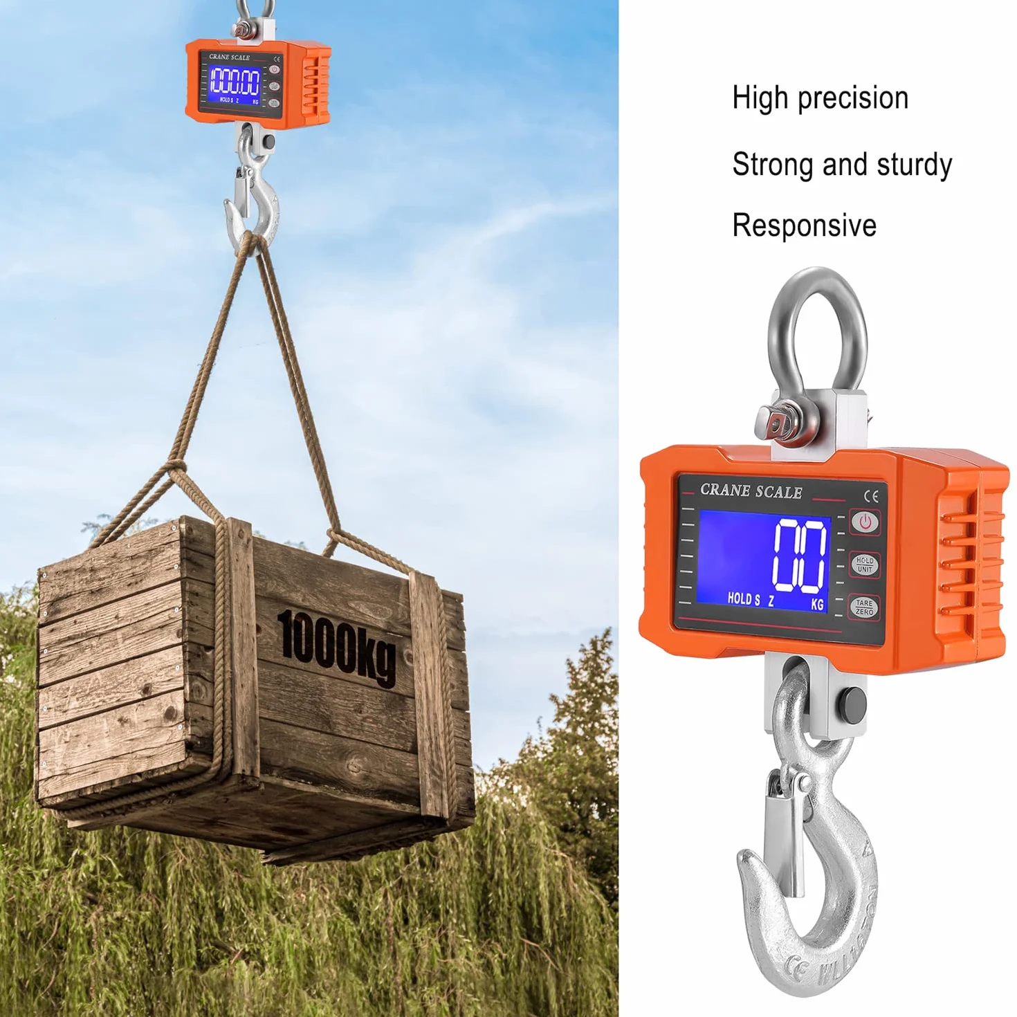 Báscula colgante con mando a distancia 1000kg 2200 lbs, Báscula digital industrial para grúa de servicio pesado con sensor de muelle de carga precisa y pantalla LCD Crane Scale Báscula de gancho