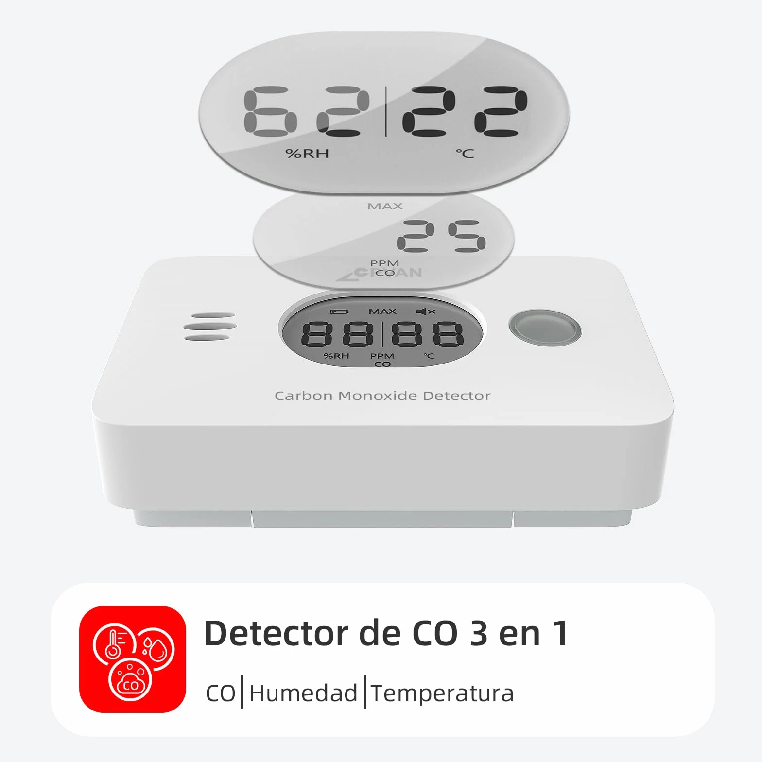 CPVAN Detector de Monóxido de Carbono 3 en 1, 10 Años CO Gas Alarma con Batería Reemplazable, Detector de CO con Temperatura y Humedad, Norma Europea EN50291