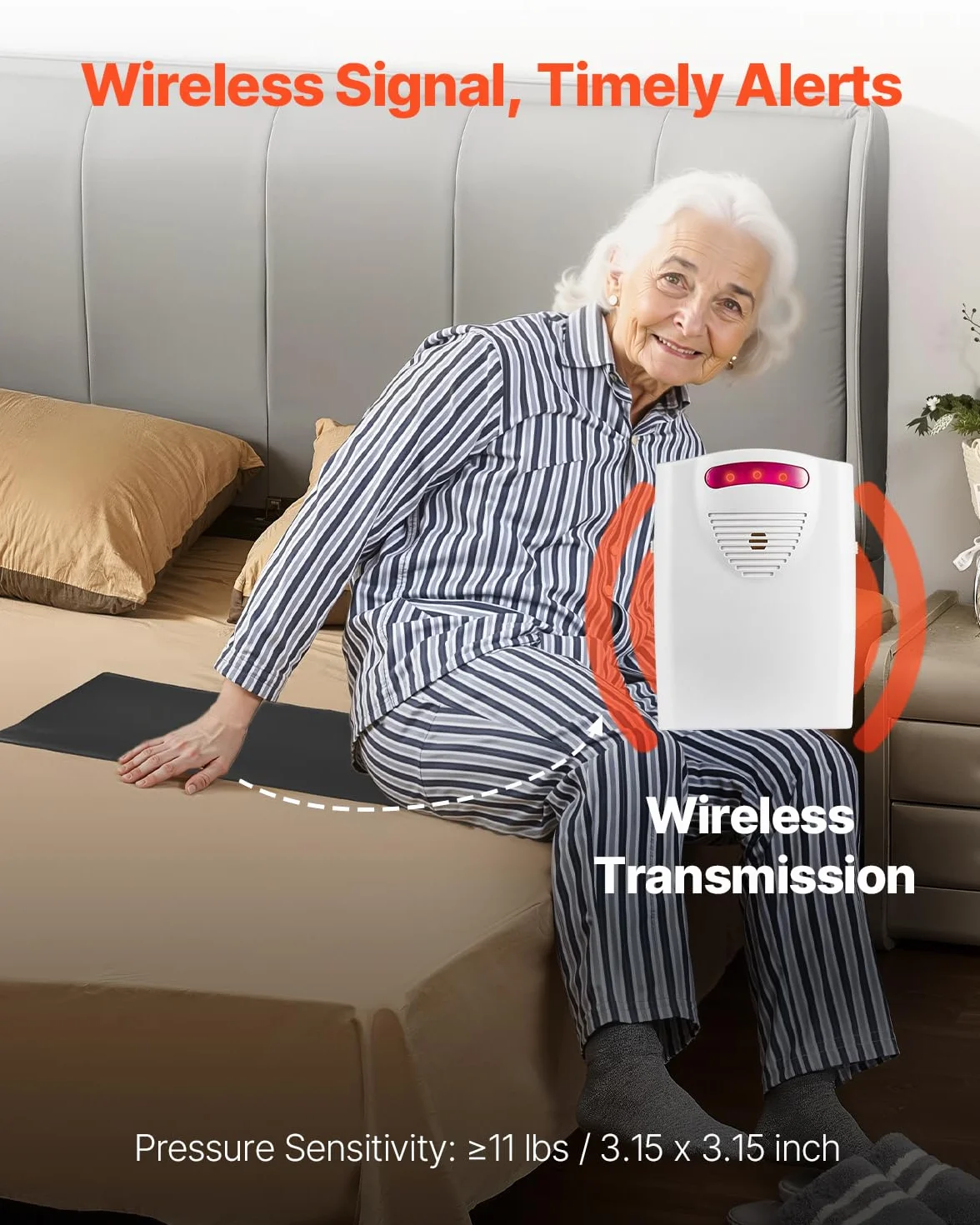 VEVOR Sistema de Alarma de Cama a Adultos Mayores 35,6 x 76 cm Almohadilla de Sensor de Cama Inalámbrica con Buscapersonas Almohadilla de Prevención de Caídas para Hogar, Centro Rehabilitación