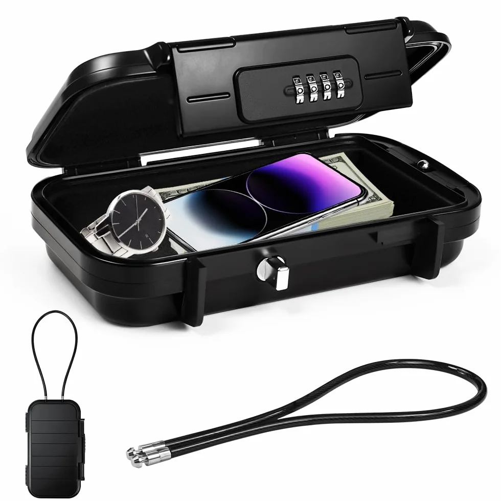 Caja Fuerte Pequeña Portátil con Cable de Acero, Código Impermeable Antirrobo Ignífuga para Viajes