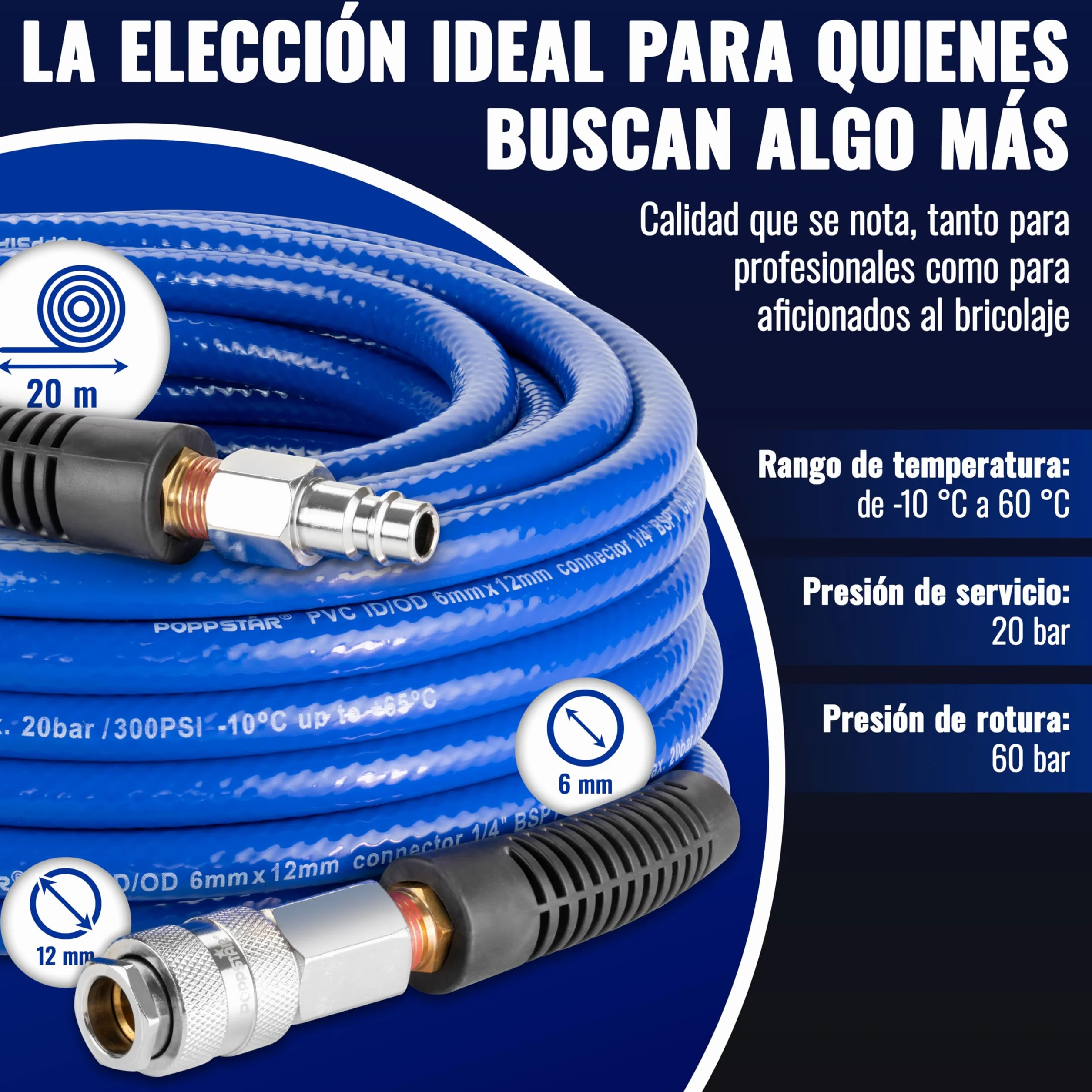 Poppstar Manguera para aire comprimido de PVC 6/12 mm, longitud 20 m, conexión rápida & enchufe macho, 20 bar, azul