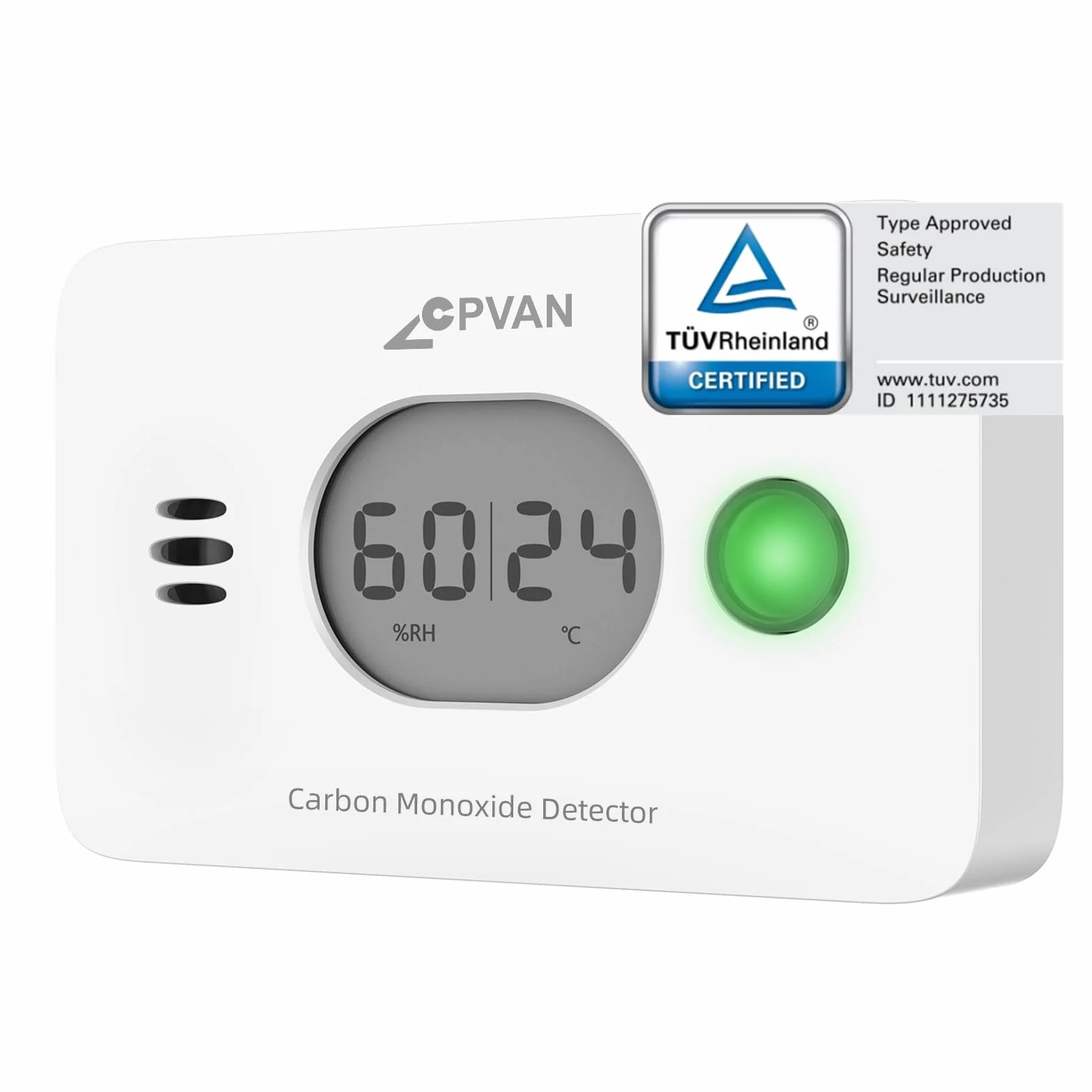 CPVAN Detector de Monóxido de Carbono 3 en 1, 10 Años CO Gas Alarma con Batería Reemplazable, Detector de CO con Temperatura y Humedad, Norma Europea EN50291