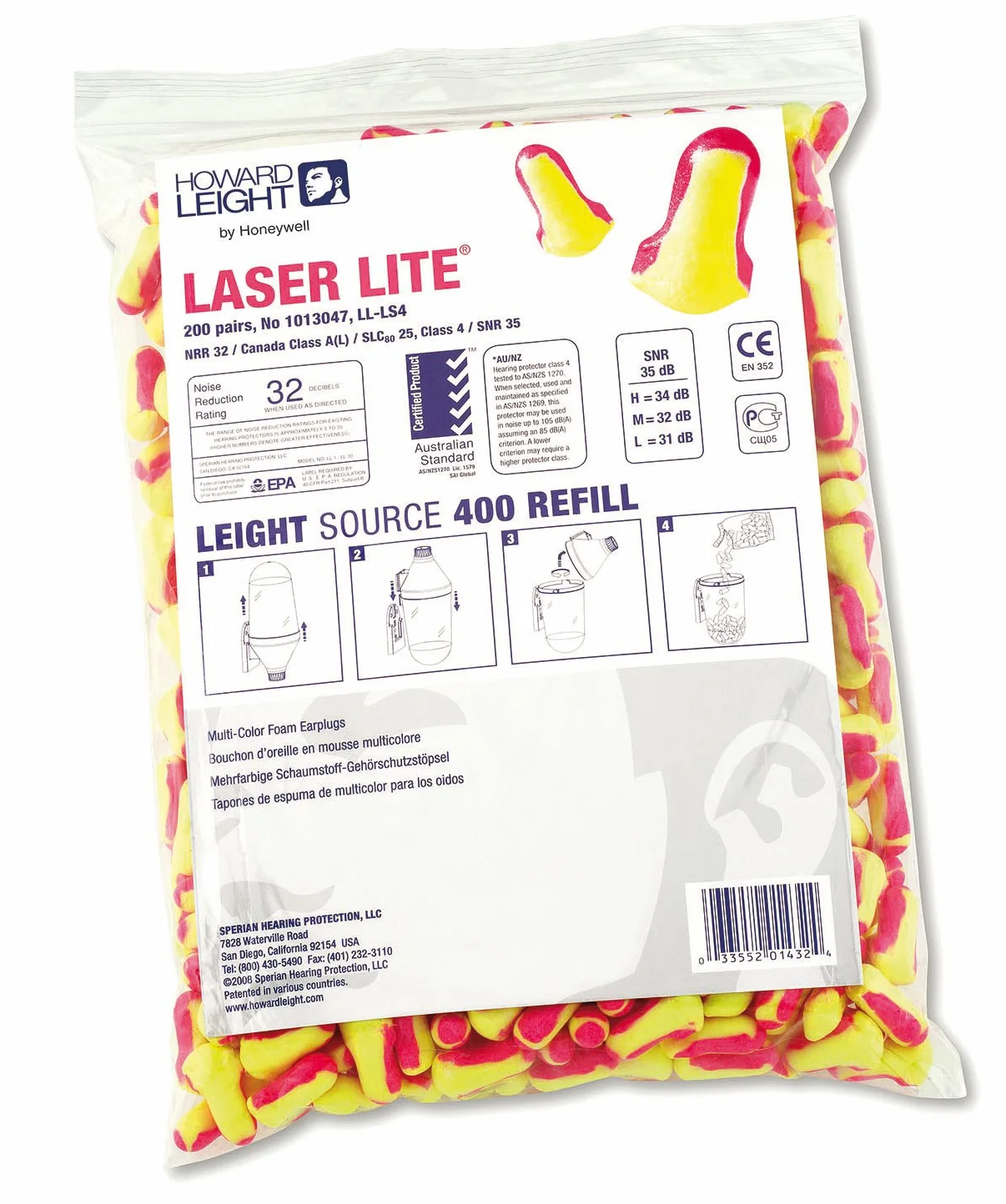 Howard Leight Laser-Lite LS-400 Tapones Desechables SNR 35 dB Amarillo Magenta Bolsa 200 Pares