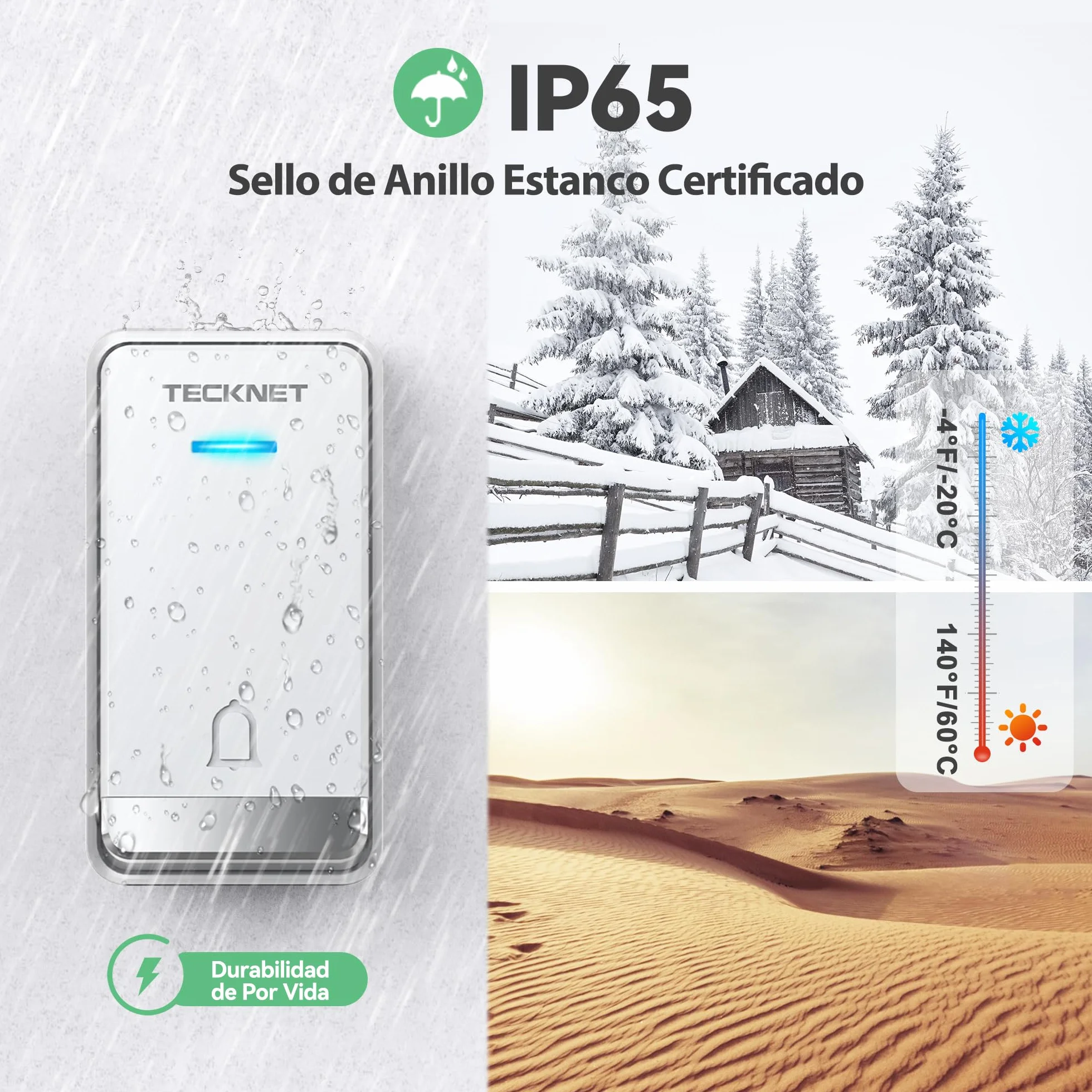 TECKNET Timbre Inalámbrico, 400M Timbre Inalámbrico Autoalimentado, IP65 Timbre Electrónico Impermeable, Kit de Timbre con Tomas USB Externas y Luz LED, 60 Melodías, 5 Niveles de Volumen
