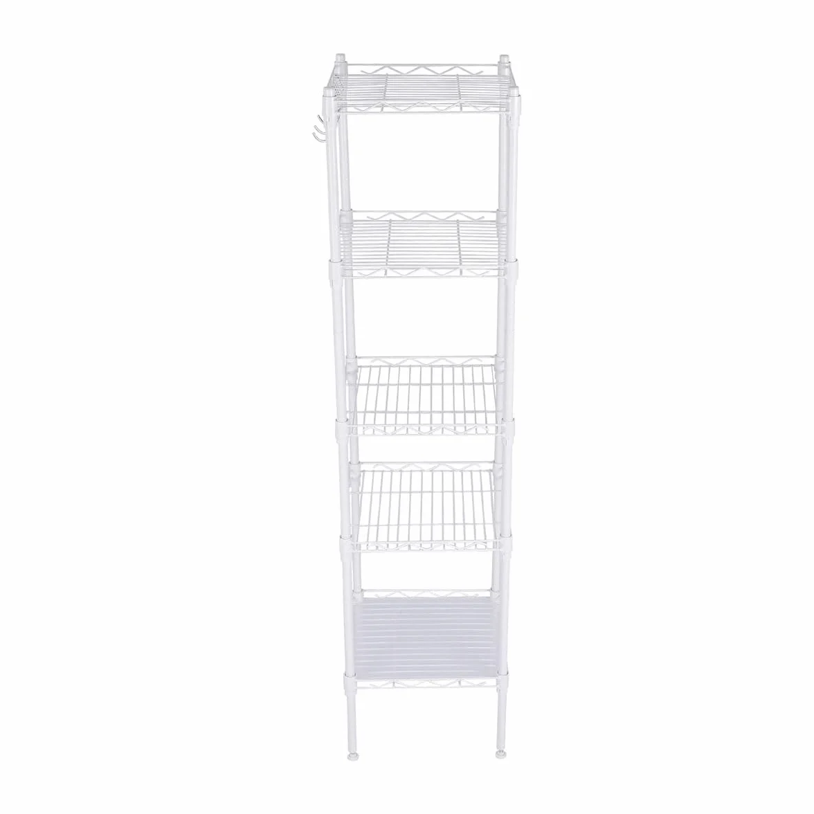 Estantería metálica blanca 5 baldas ajustables con ganchos laterales | 145x30x30cm | Estante almacenamiento resistente para cocina, despensa, baño, garaje u oficina | Montaje fácil sin tornillos