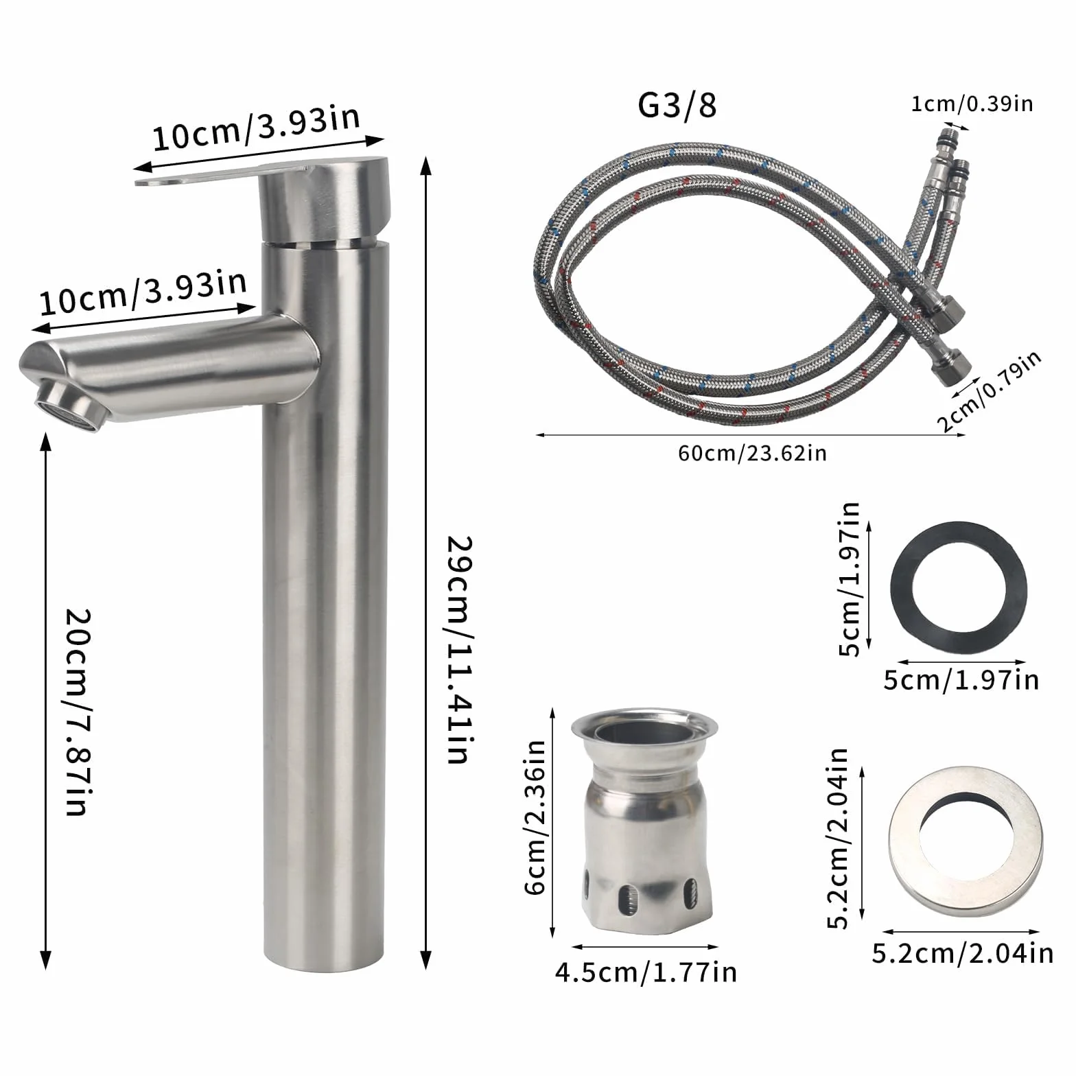 Grifo Alto de Lavabo Monomando para Baño - Mezclador de Acero Inoxidable con Control de Agua Fría y Caliente (Caño 200 mm)