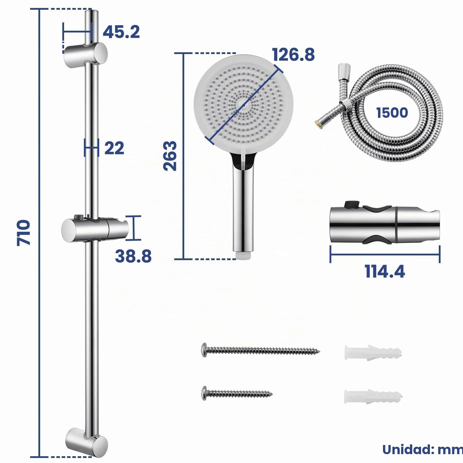 Auralum Barra Ducha,Conjunto Barra Ducha de Acero Inoxidable 70cm con Alcachofa de Ducha 4 Funciones, Manguera 150cm y Soporte Ajustable, Compatible con orificios Existentes, Cromo