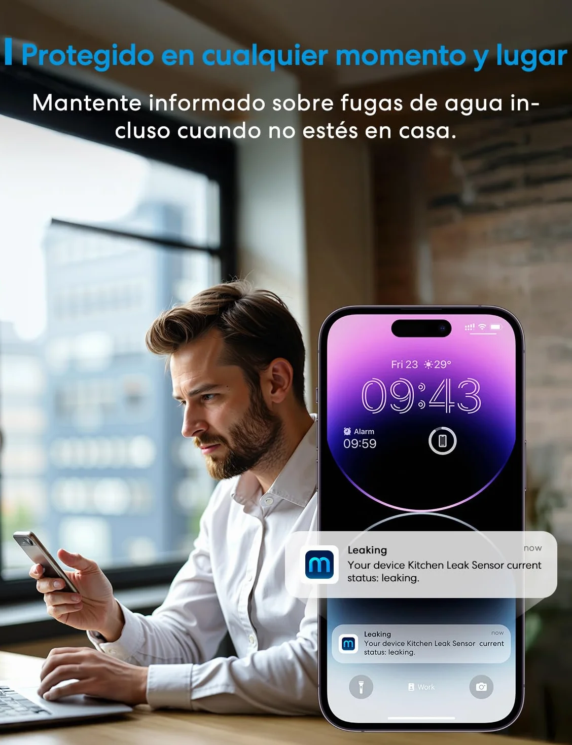 Meross Detector de Agua Inteligente | Requiere Hub | Detector de Fugas de Agua IP66 y 100 dB | Smart Detector de Agua para cocinas, baños, sótanos | Compatible con Apple Home, Alexa y Google | 2,4GHz
