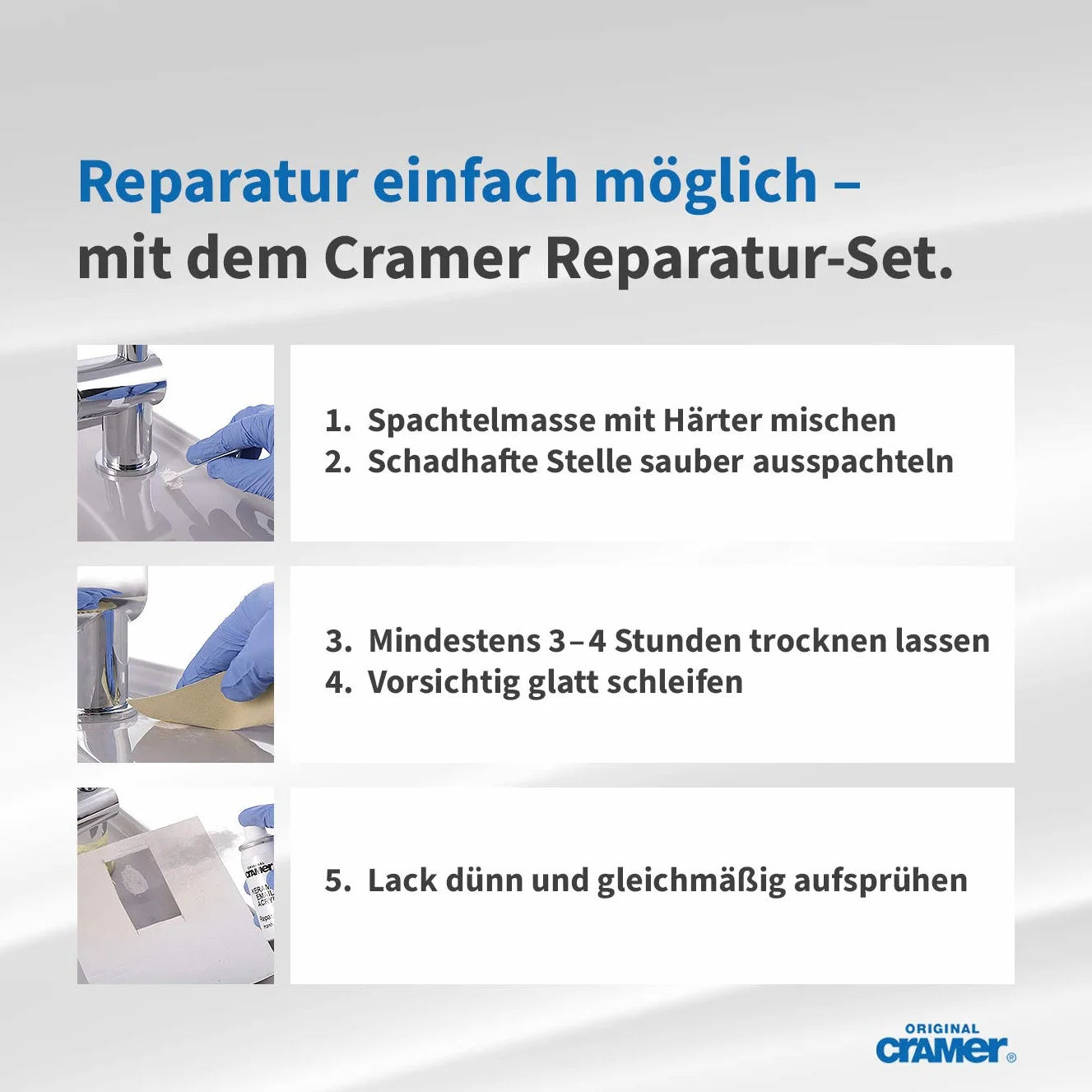 Cramer Kit de reparación de cerámica, esmalte y acrílico, color gris Manhattan CRA16850DE, para astillado y arañazos, juego de 2 componentes, endurecedor, pintura de reparación, espátula, abrasivo, 66106 5