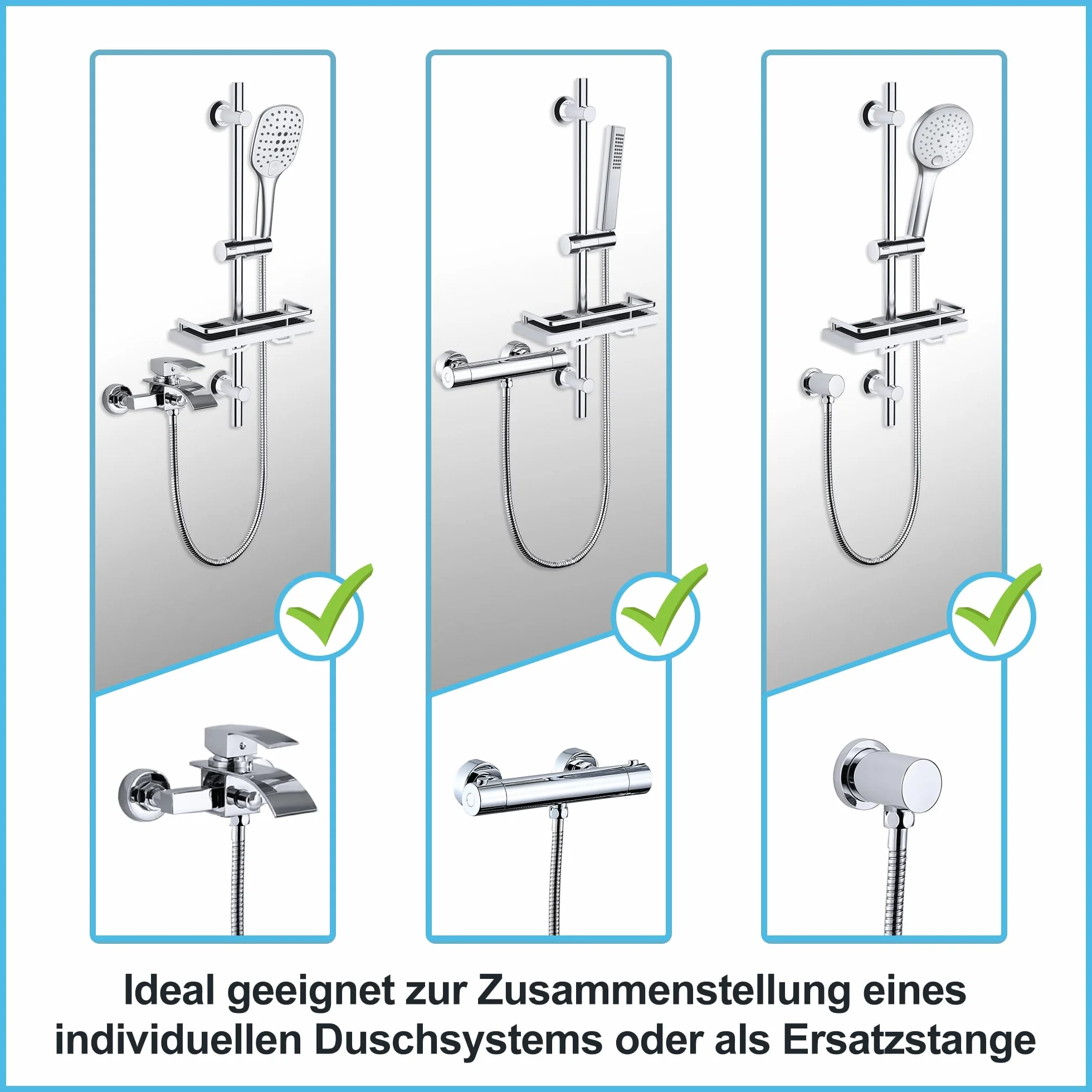 Görbach Barra de Ducha 70 CM de Acero Inoxidable, Columna Sin Grifo con Soporte de Alcachofa de Ducha 360°Giratoria y Soportes de pared, Barra Ducha con Estante Ajustable en Altura, Cromo