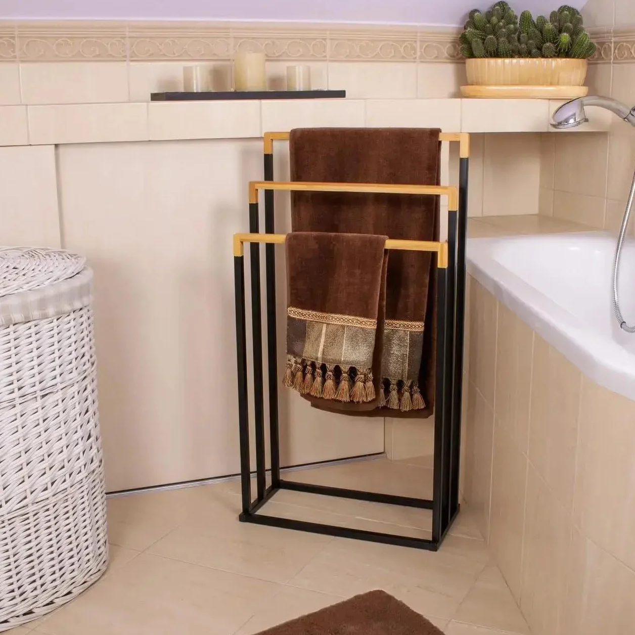 Toallero de Pie de Bambú y Metal Triple, Soporte para Baño, 45x21.5x76cm