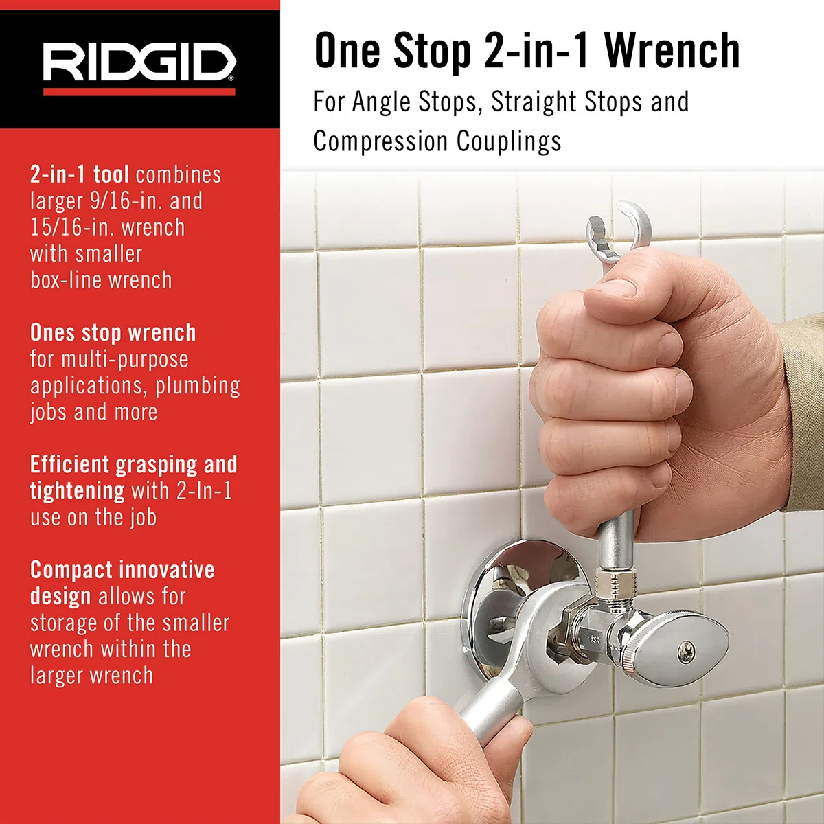 RIDGID 27023 Modelo 2002 Llave 2 en 1 One Stop para paradas angulares, paradas rectas y acoplamientos de compresión