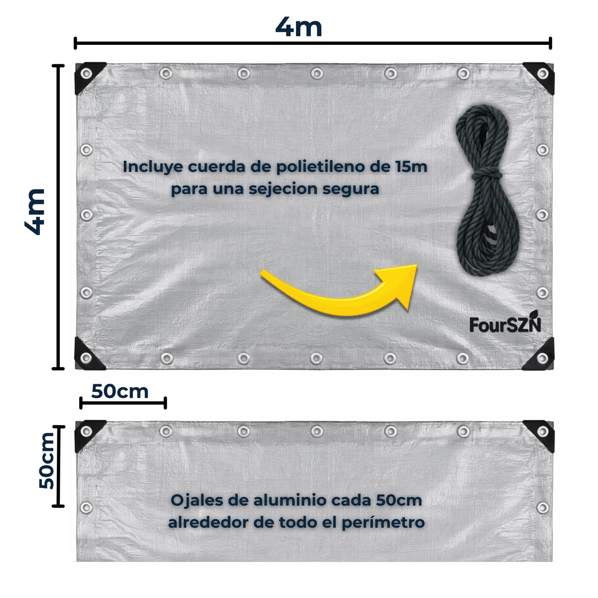 Lona Impermeable Exterior Reforzada 300 g/m², Toldo de Protección PE Doble Cara con Ojales de Aluminio y Cuerda Incluida, Resistente a Rayos UV y Lluvia para Jardín, Piscina, Coche y Leña 4x4m