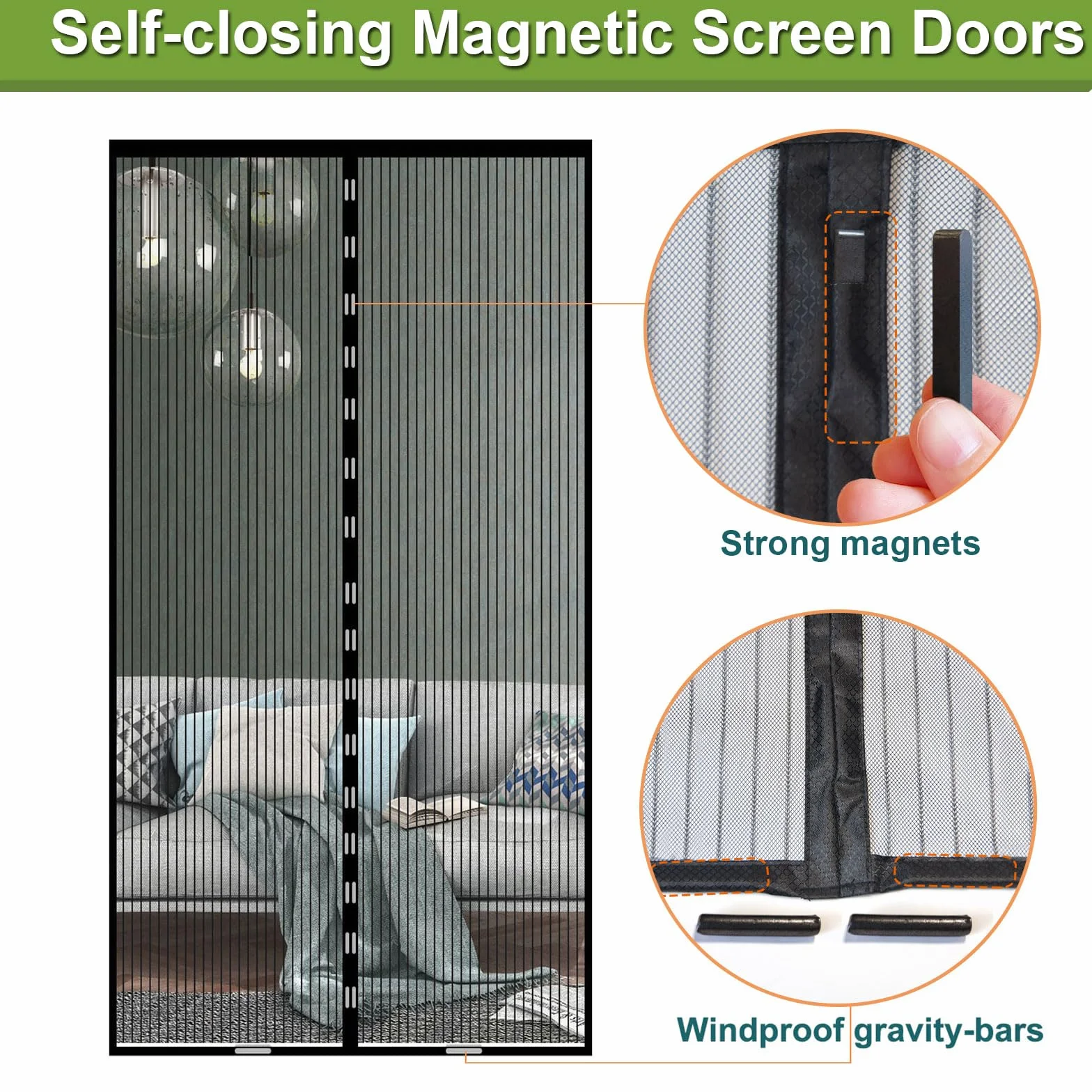 Risareyi Mosquitera Puerta Magnética 65x180cm, Negro - Cierre Automático Cortina Mosquitera Puerta Exterior Transpirables, Antimosquitos para Salón, Rápido de instalar