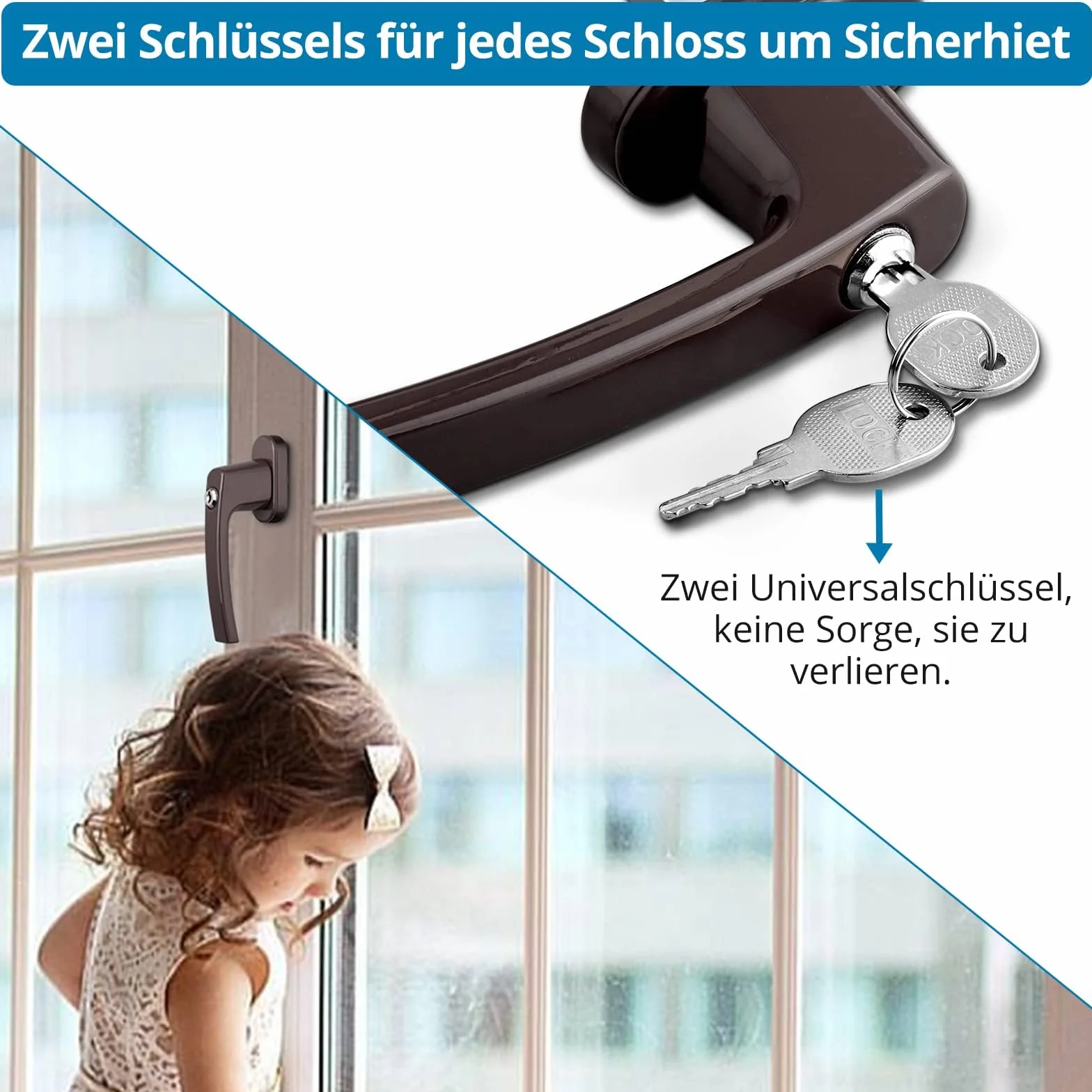 AUTOUTLET Manijas de Aluminio para Ventanas con Llaves Iguales, Cerradura de Seguridad para Niños (Marrón)